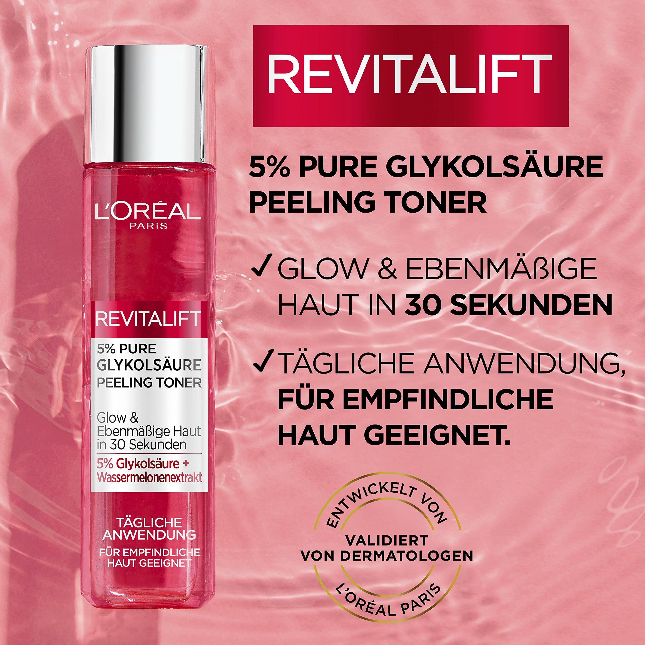 Tonik do peelingu L'Oréal Paris dla kobiet: usuwa martwy naskórek i poprawia teksturę skóry, redukuje przebarwienia dzięki 5% czystemu kwasowi glikolowemu, ekstraktowi z arbuza i aloesu, 1 x 180 ml