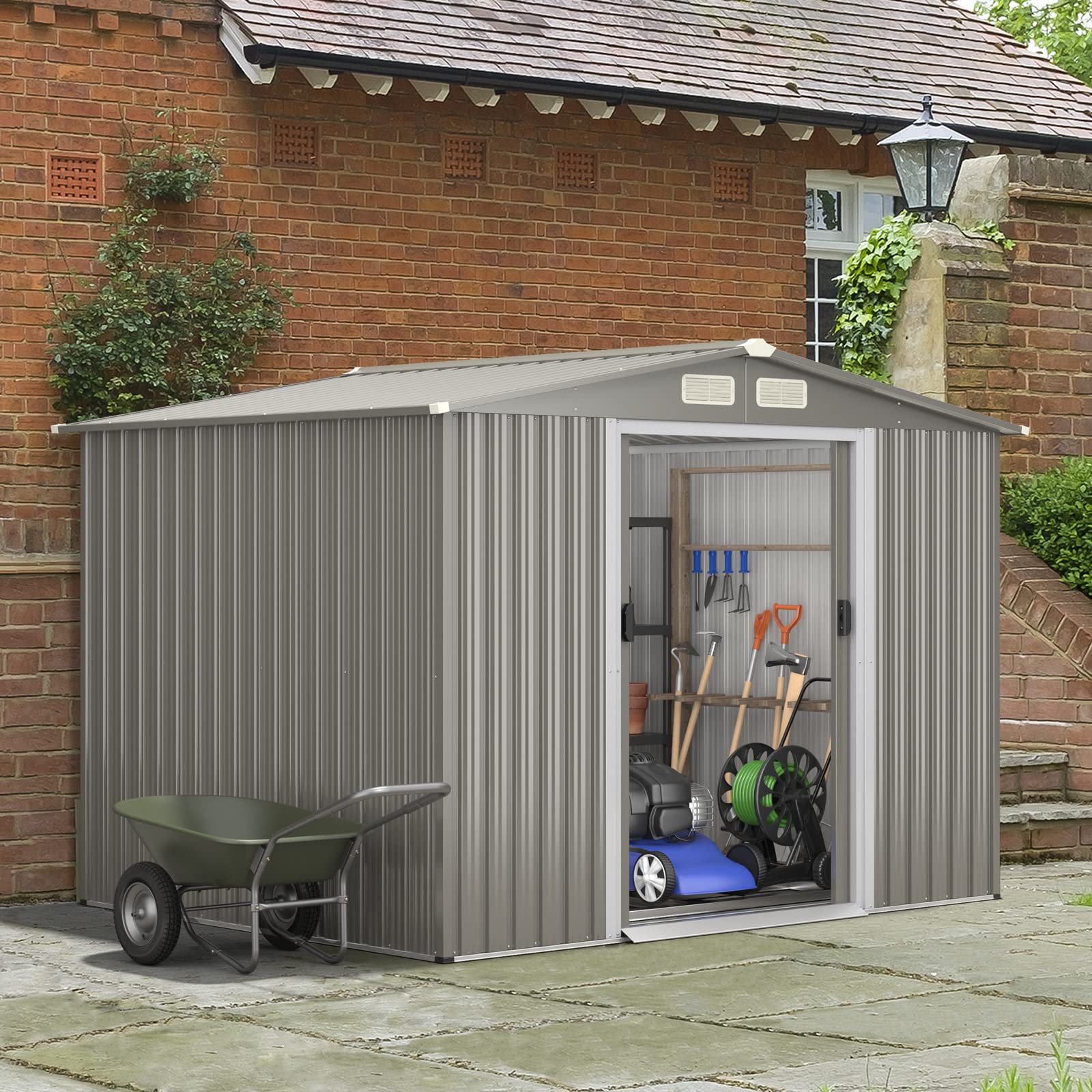 COSTWAY Casetta da Giardino 4,74㎡, Capanno da Esterno in Lamiera Acciaio Zincato Resistente alle Intemperie con 4 Feritoie, Doppie Porte e Rampa, 260 x 207 x 181 cm (Grigio chiaro)