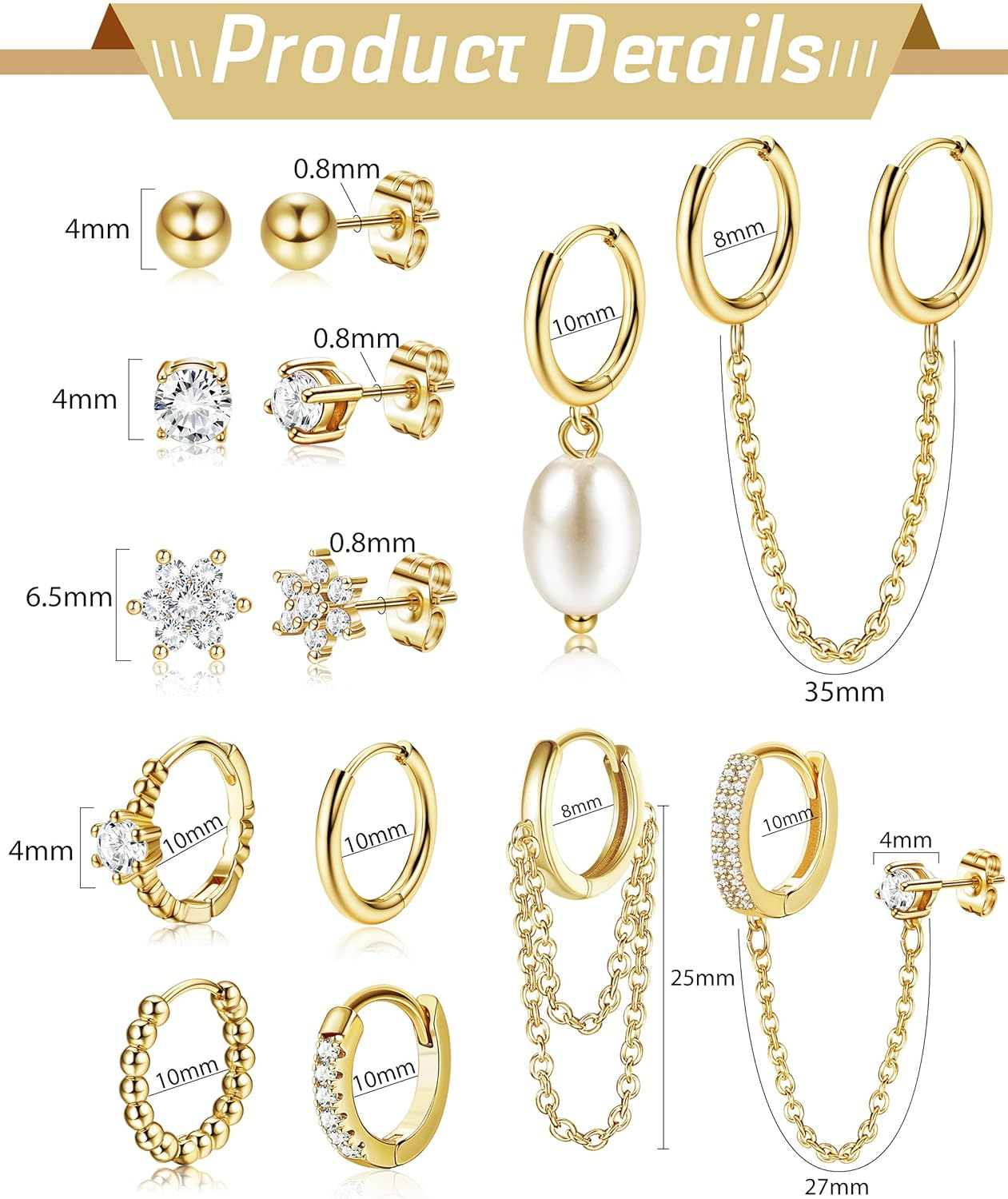HAIAISO Small 14K Gold Plated Huggie Hoop Earrings for Women Lightweight Double Piercing Chain Earrings Dainty Stud Earrings Hypoallergenic 14K Gold Plated Hoop Earrings Set - Image 6