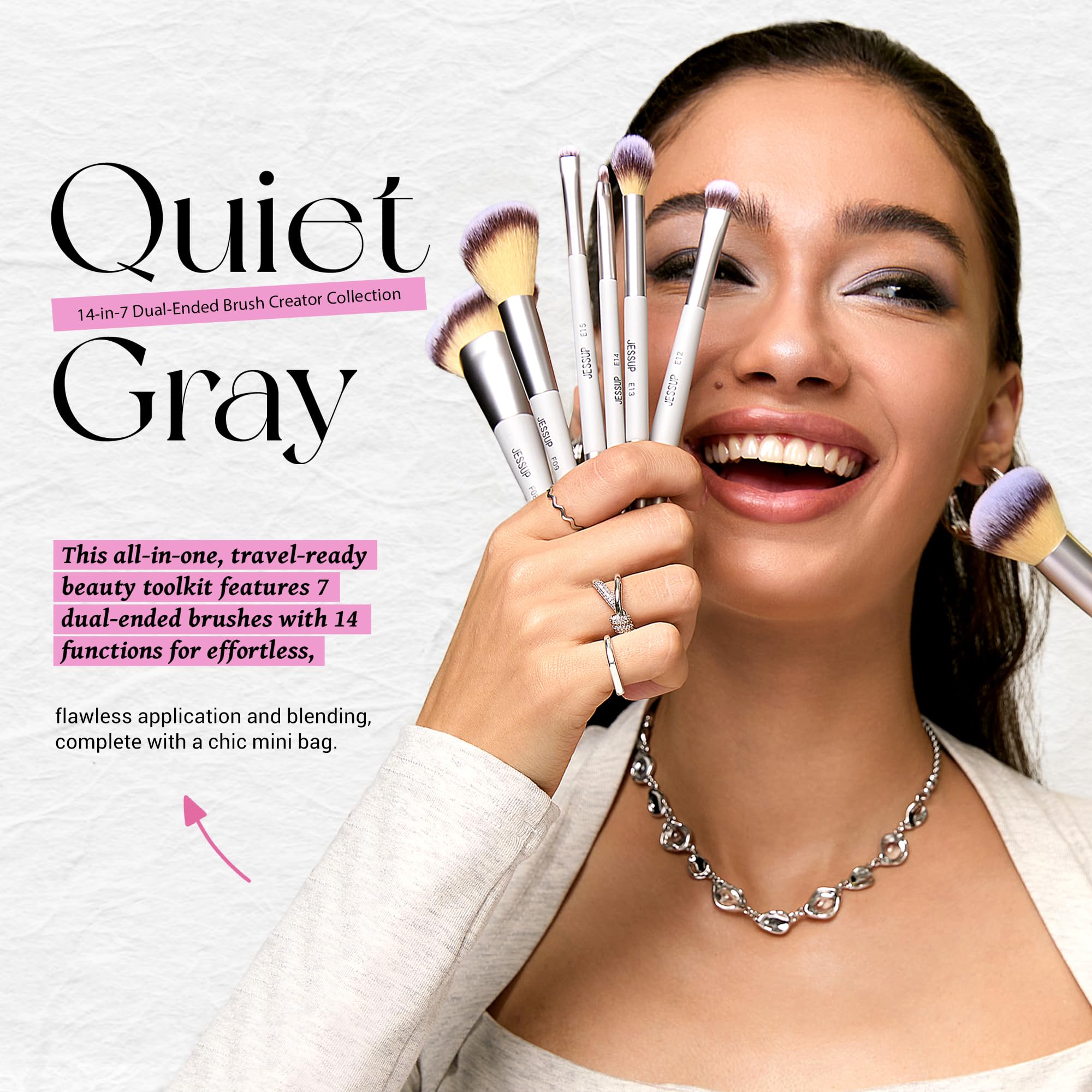 Jessup Pinceaux Maquillages Double Embout Set de 7 Pinceau Maquillage pour Fond de Teint, Contour, Rougir, Illuminateur, Sourcils et Fard à Paupières avec Pochette, Quiet Gray T520