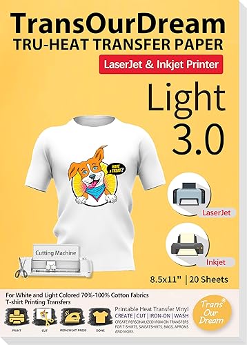 TransOurDream Tru-Heat - Papel de transferencia para impresora de inyección de tinta y láser (20 hojas de 8.5 x 11, 3.0) vinilo de transferencia de