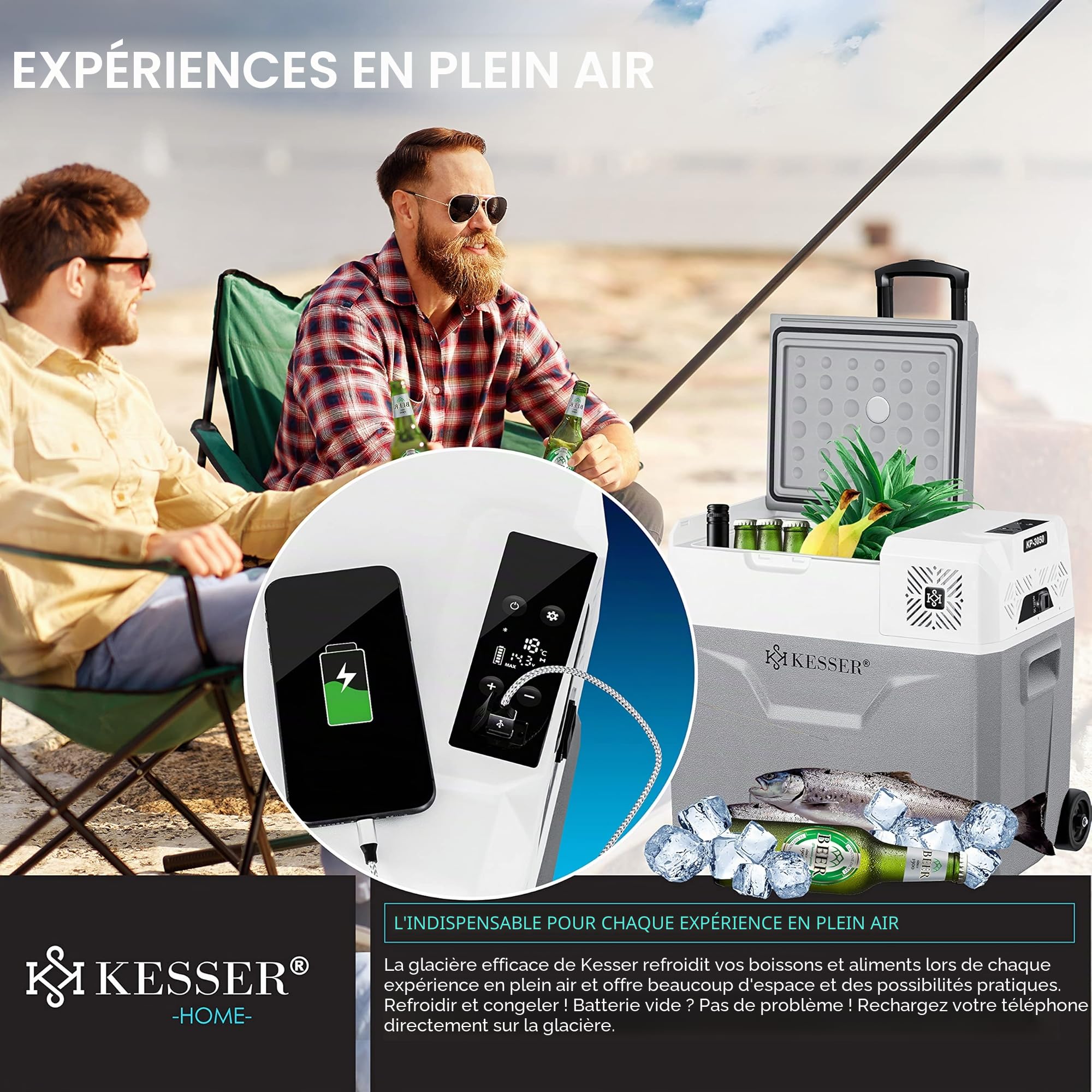 KESSER® 50 litres Glacière à compresseur électrique Glacière de congélation, avec Commande APP Raccordement USB, Réfrigérateur jusqu'à -20° pour Voiture, Camion, Bateau, Camping-Car