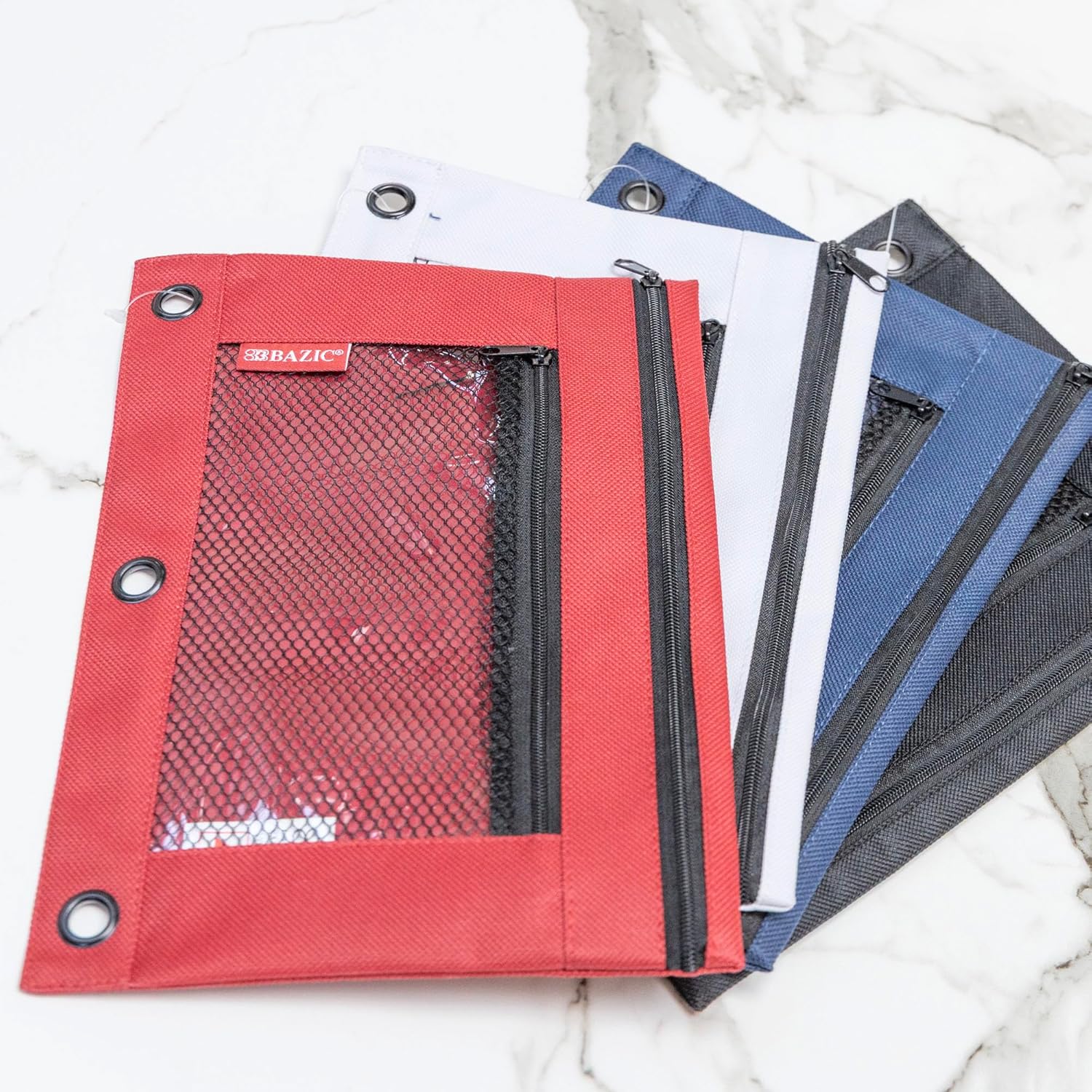 BAZIC PRODUCTS Pencil Pouch 3 Ring Binder Pouch w/Rivet Enforced Rings Holes, Assorted Color Mesh Window, Double Zipper Pouches 6-Pack - Image 7