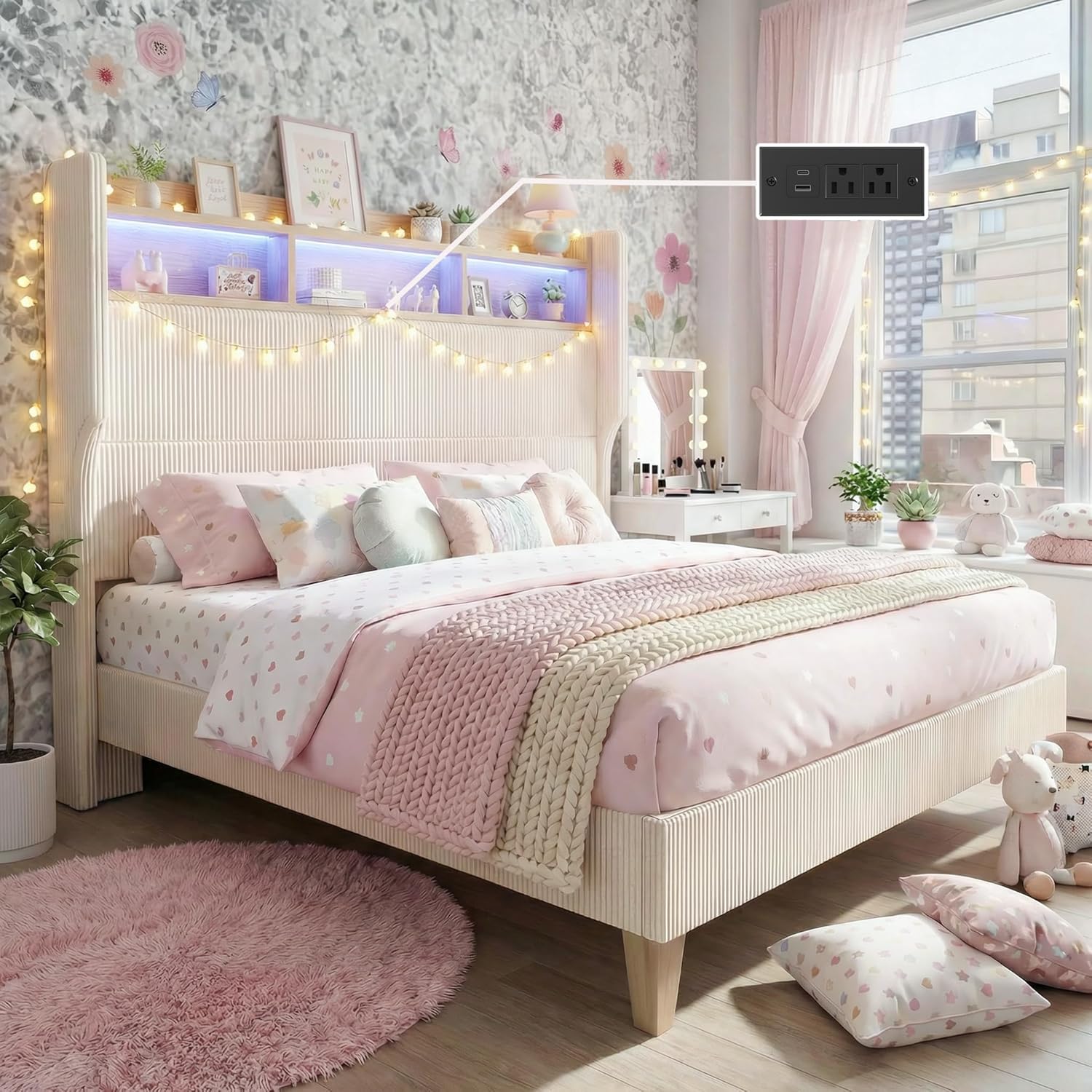 Queen Size Girls Bed Frame with 51" Tall Headboard, LED Lights & Charging Station, Corduroy Upholstered Platform Bed with Storage Shelf, No Box Spring Needed, Cream