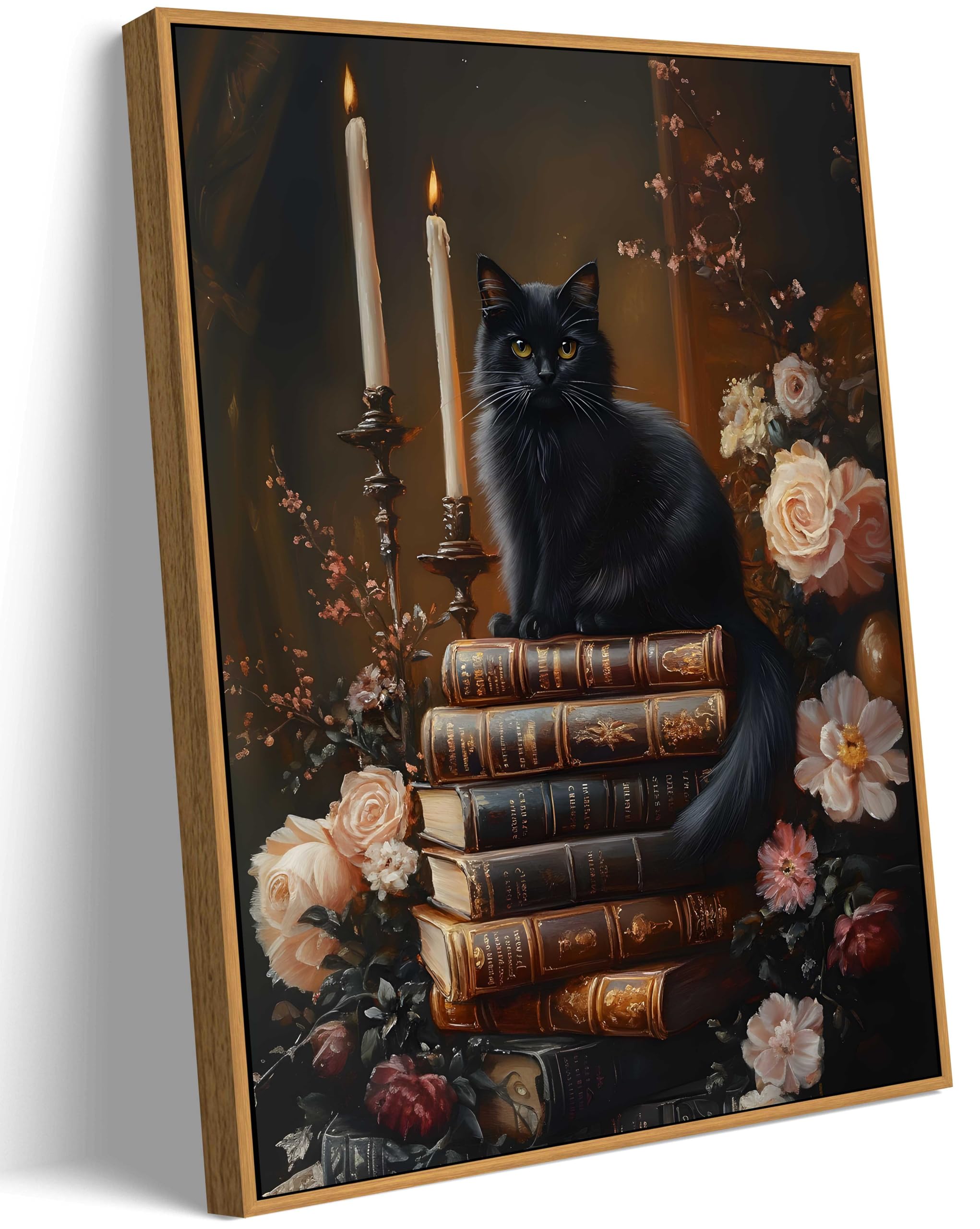 Framed Dark Academia Moody Wall Art Victorian Black Cat Wildflower Book Floral Wall Decor Picture Gothic Vintage Antique Aesthetics Poster Prints for Gallery Library Bookstore Decoration 8x10in - 10L" x 8W" - Black Cat