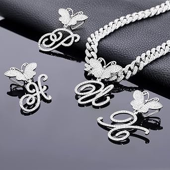 RLMOON Silver Cursive Initial Pendant Necklace Butterfly Iced Out Miami Cuban Link Chain for Women Diamond Initial Choker Necklace Alphabet A-Z Hip Hop Necklace Rapper Jewelry