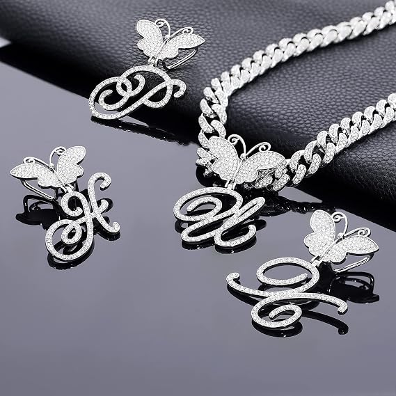 RLMOON Silver Cursive Initial Pendant Necklace Butterfly Iced Out Miami Cuban Link Chain for Women Diamond Initial Choker Necklace Alphabet A-Z Hip Hop Necklace Rapper Jewelry