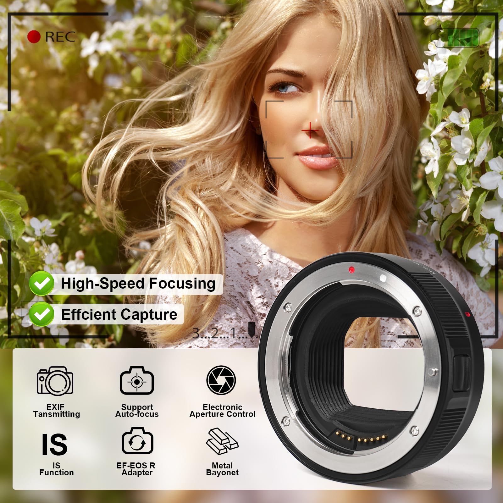 Adattatore per obiettivo, adattatore AF per obiettivi Canon serie EF/EF-S su fotocamere Canon EOS-R, tra cui EOS RP R3 R5 R6 R6 R6MarkII R7 R8 R10 R50 R100, Fast AF, apertura regolabile