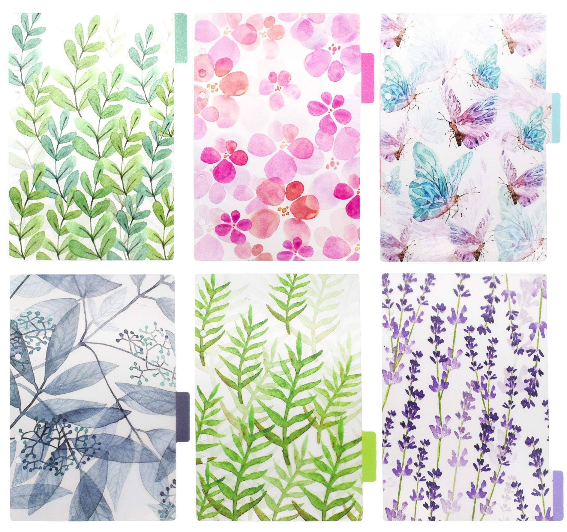 Intercalaires A5 à 6 anneaux Vikaster avec onglets transparents et motifs floraux x12