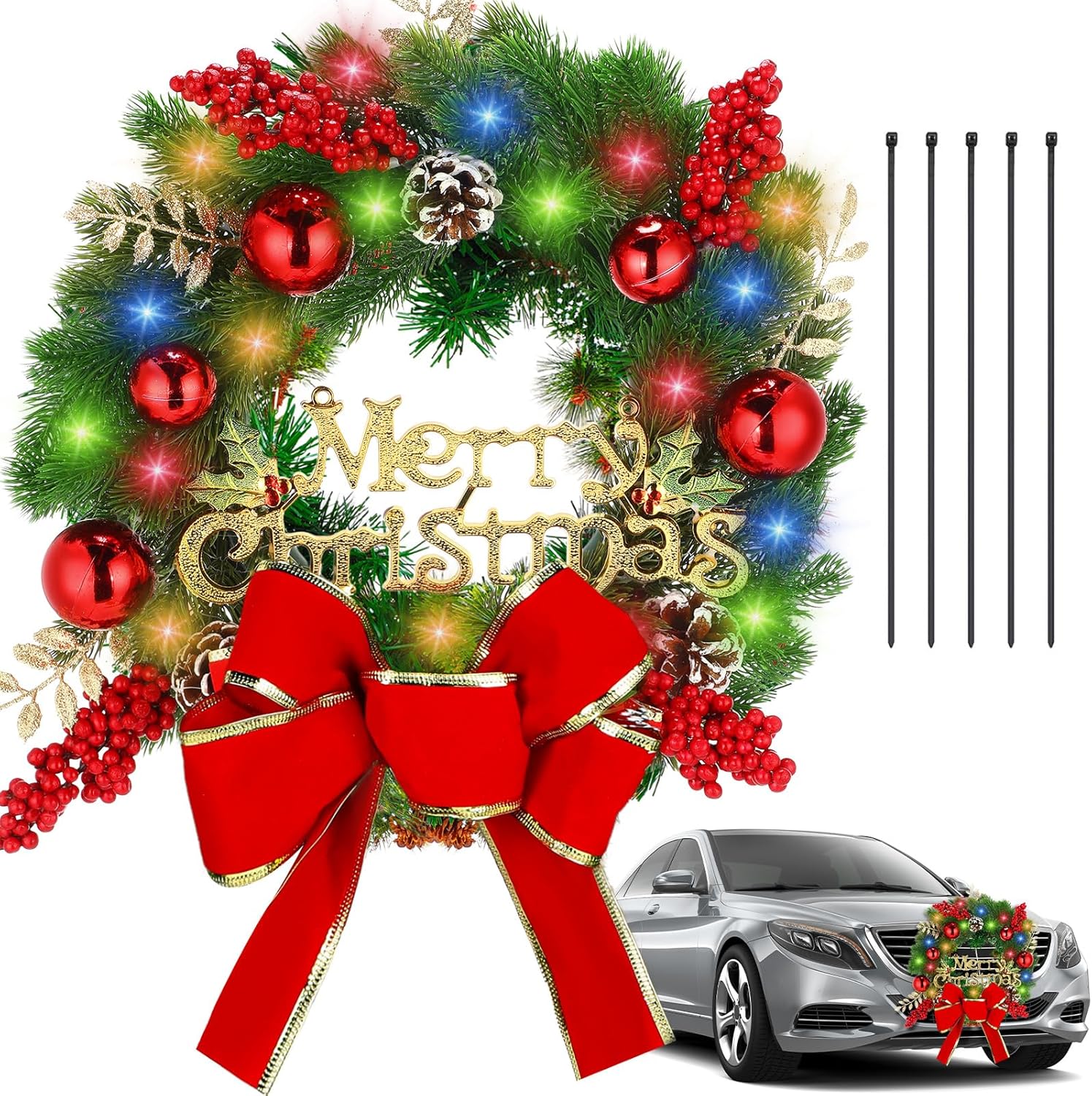 Honoson Christmas Wreath for Car, Truck or Festival Decoration LED Artificial Christmas Car Wreath and 5 Pieces 4 x 200 Black Nylon Cable Tie(Delicate)