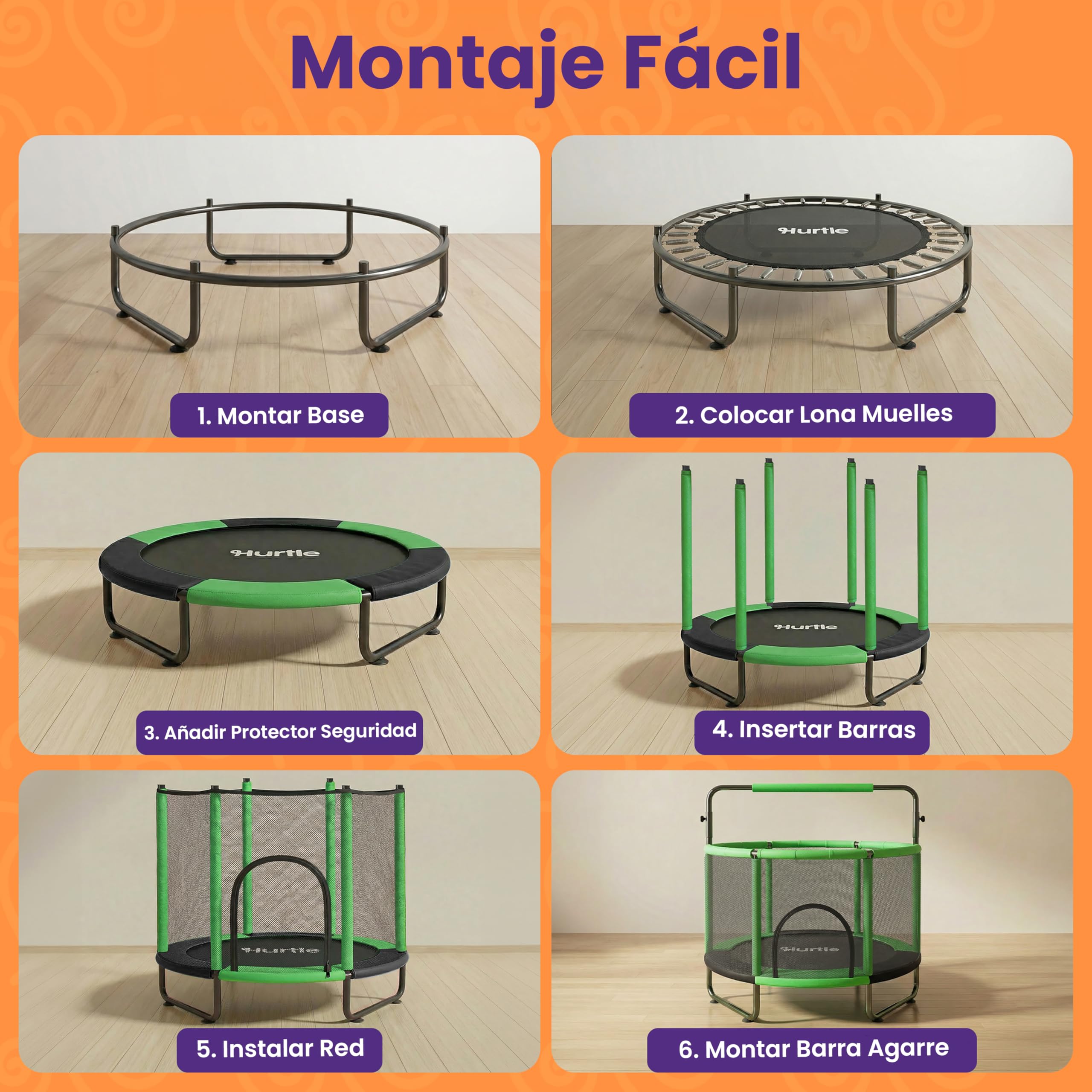 Hurtle Cama Elastica para Niños, Trampolin Infantil con Red de Seguridad, Capacidad de 199.5 kgs, Interior, Exterior, con Barra de Gimnasia Ajustable, Columpio, Saco de Boxeo y Anillos
