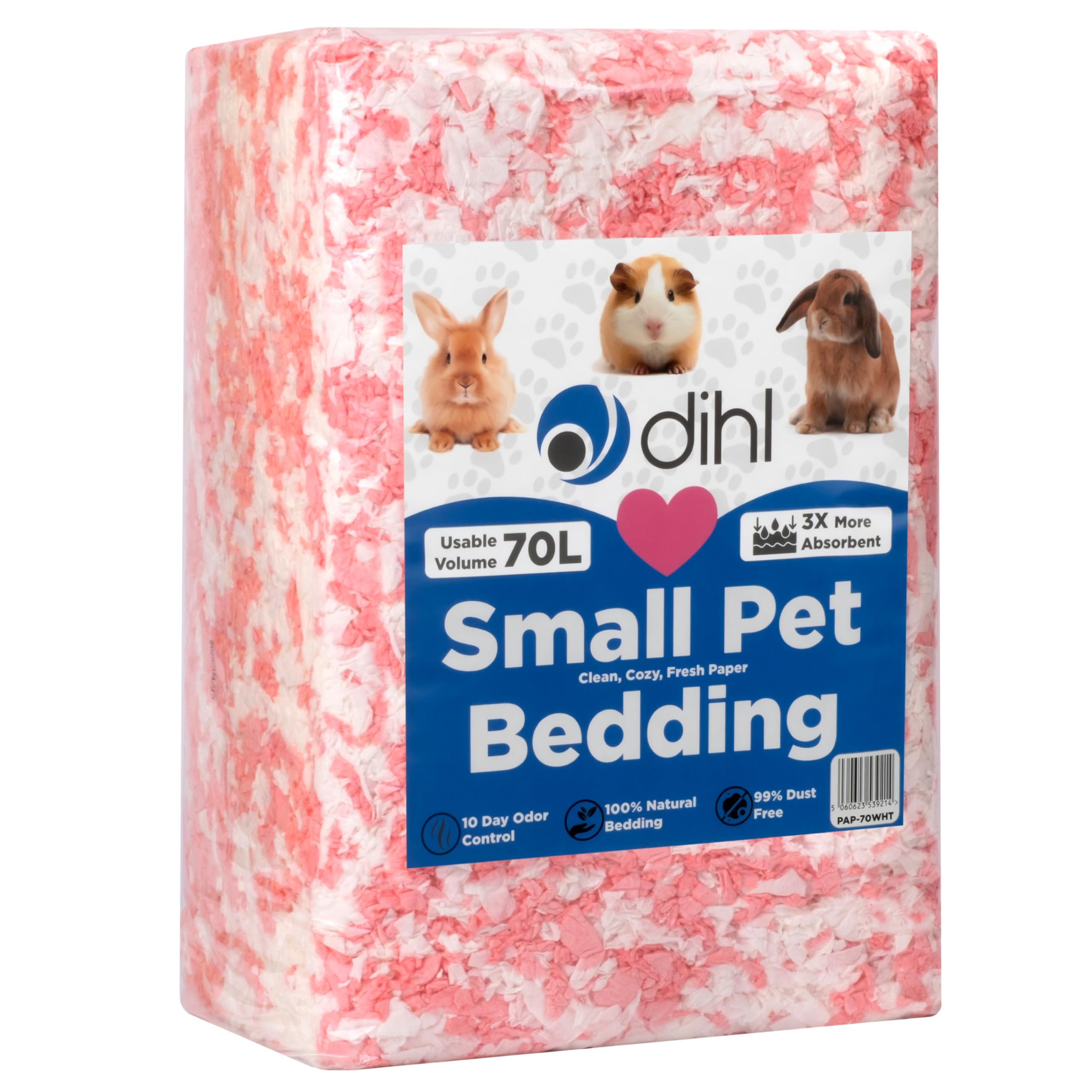 Dihl 70 Litre, Pink, Super Absorbent Paper Bedding for Small Animals. Absorbs 6 Times its Weight in Liquid. Hamster, Mice, Rat, Rabbit, Guinea Pig Gerbil Cage Substrate – 70L