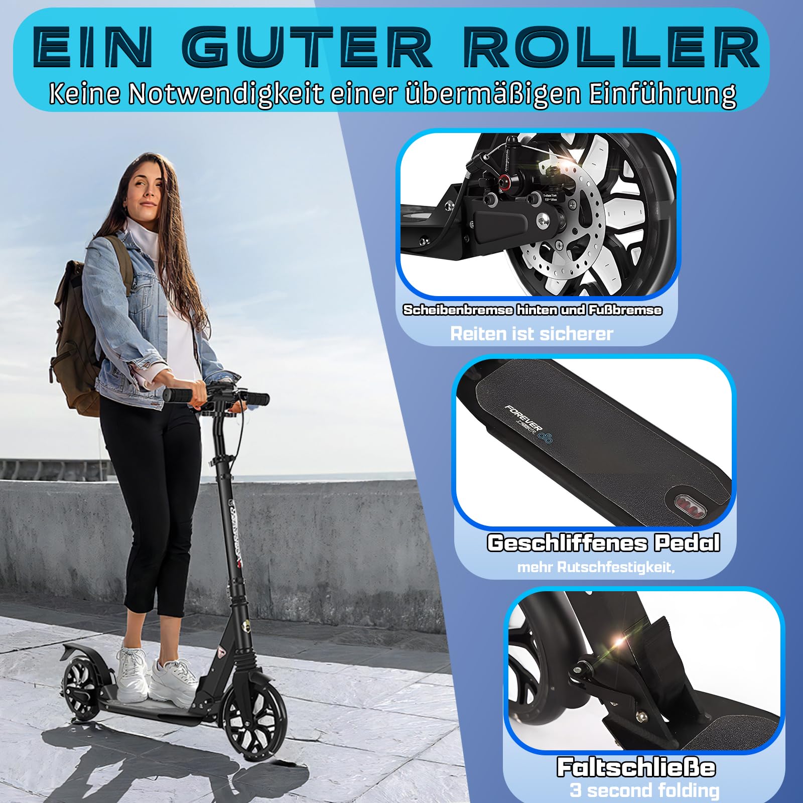 Big Wheel Scooter City Roller Kickscooter für Erwachsene klappbar LED 200mm,150KG Cityroller mit Handbremse, Tretroller Kinder Mädchen Jungen Teenager, Kickscooter Kinder Scooter