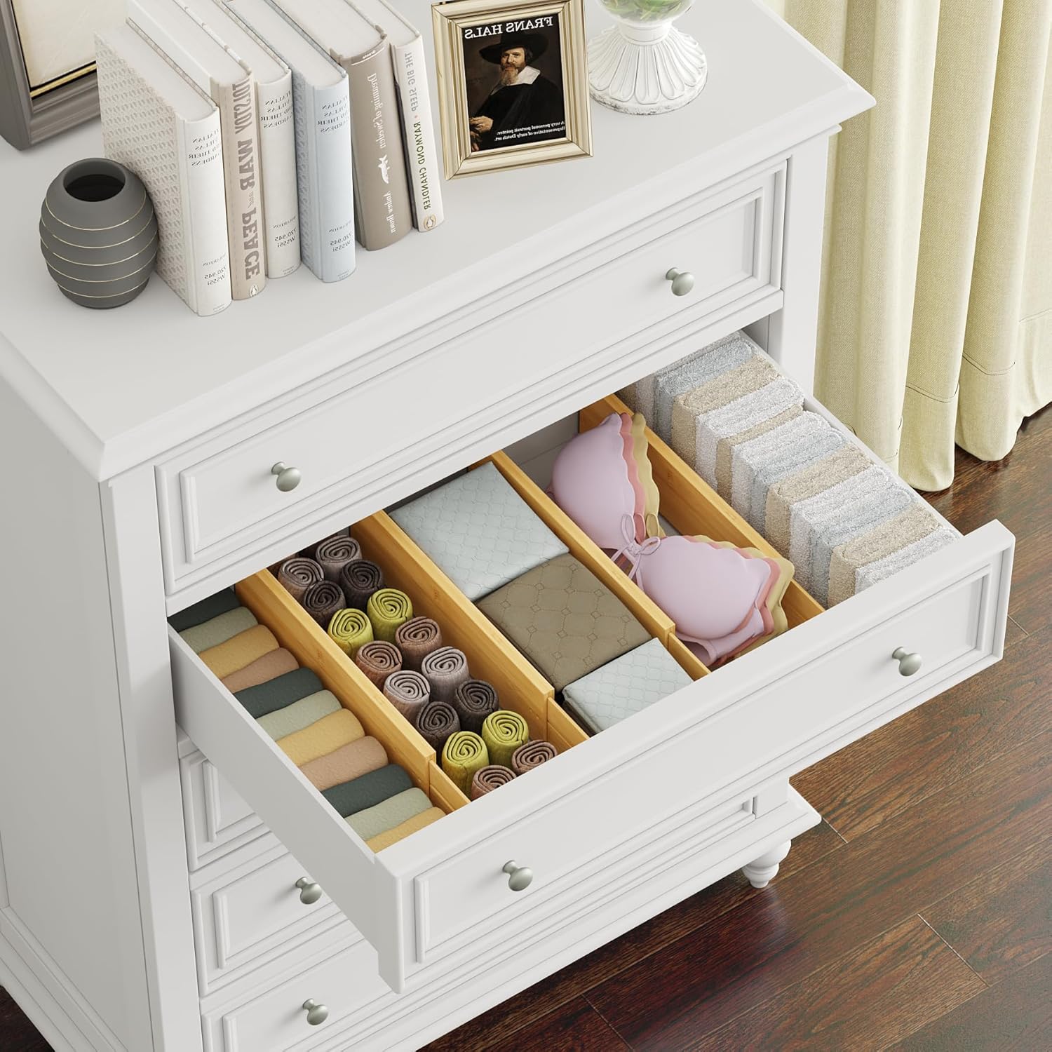 BAMEOS 4" High Drawer Dividers Bamboo Separators Organization Expandable Organizers for Kitchen Bedroom Bathroom Dresser Office 4-pack