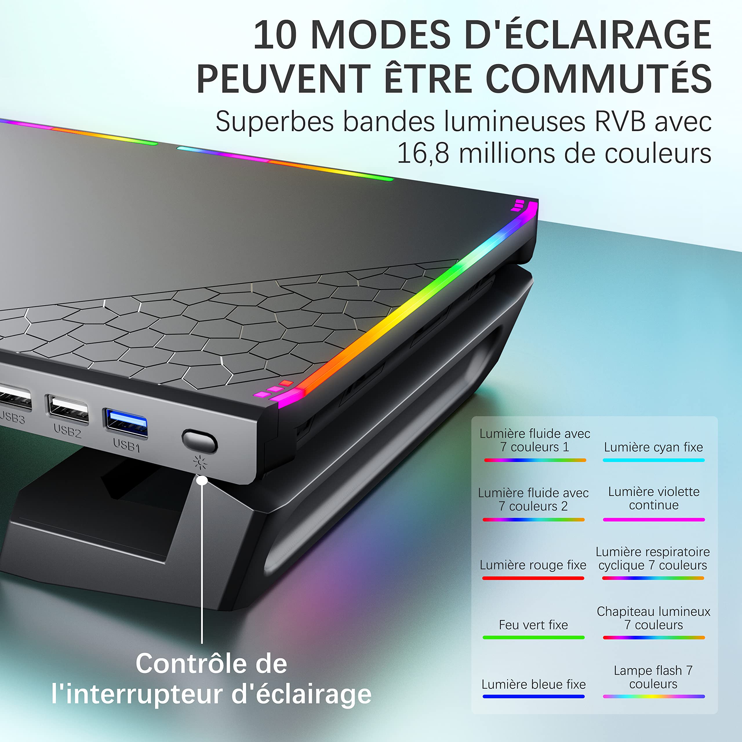 Support Écran PC Avec Hub USB 3.0 X4 + RGB – Rehausseur Pliable, Tiroir Rangement, Support Téléphone, Noir