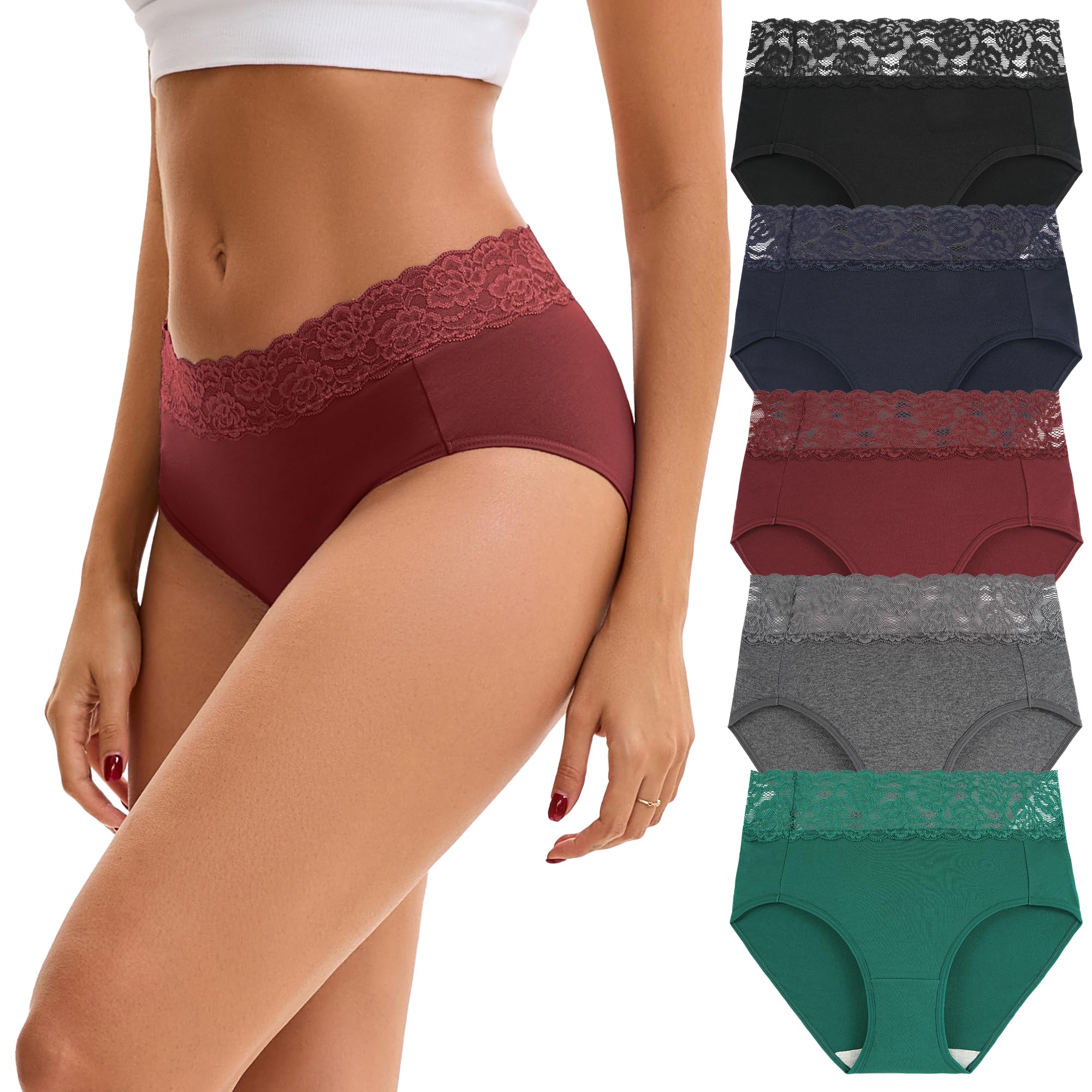 INNERSY Womens Cotton Underwear Lace Bikini Hipster Panties for Women High Waisted Ladies Briefs 5 Pack