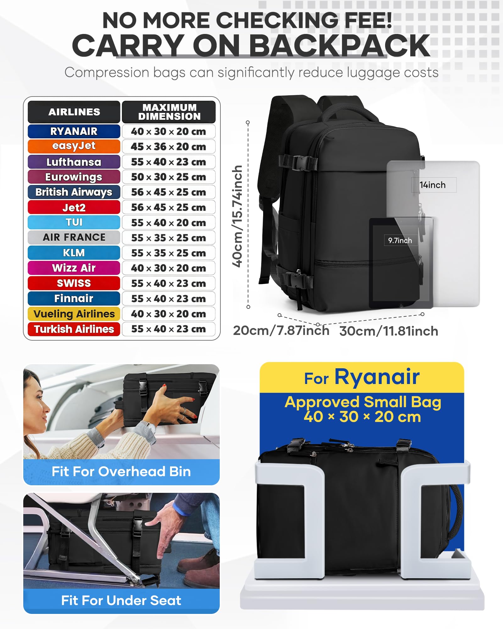 HPLQQ Borsa da Cabina per Ryanair 40x30x20 Zaino Sottovuoto da Viaggio con Pompa Aereo Bagaglio a Mano per Easyjet Impermeabile Lavoro e Scuola Trekking Casual Daypack per 14" laptop,B01-Nero
