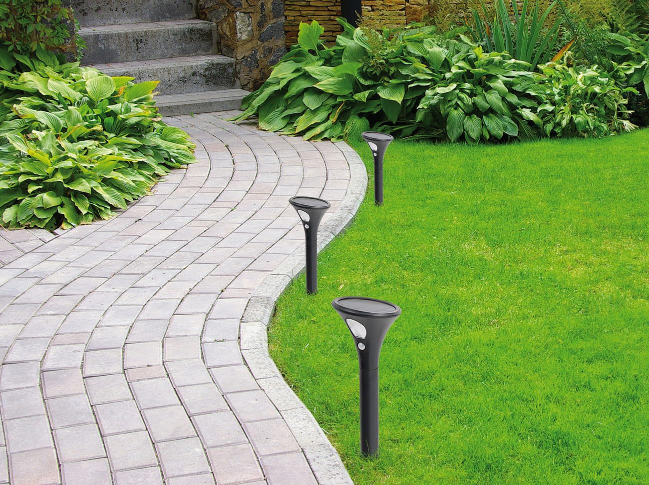 Lunartec Solarleuchten Gehwege: 8er-Set Design-Solar-Wegeleuchten, Licht- & Bewegungssensor, kaltweiß (Solar-Wegeleuchte Bewegungsmelder, Sensor-Gartenleuchten, Alarm)