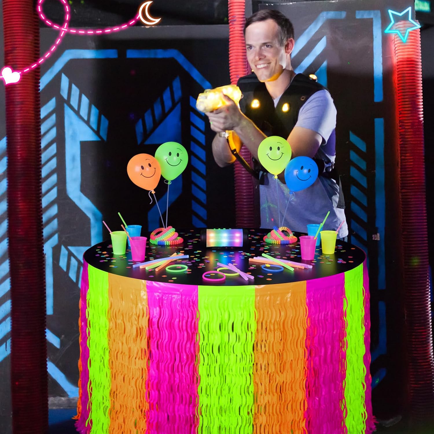 Frienda 6 Pack Glow in The Dark Party Decor Neon Fringe Table Skirt - 2.5x9ft Fluorescent Tinsel Foil Skirt for Neon Birthday, Glow Party Decor