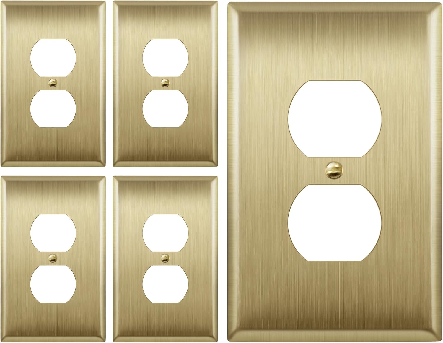 LIDER Duplex Receptacle Metal Wall Plate, Stainless Steel Outlet Cover, Corrosion Resistant, Mid-Size 1-Gang 4.88" x 3.11", 201 Stainless Steel, UL Listed, LMWP-21M-BB5P, Brushed Brass, 5 Pack