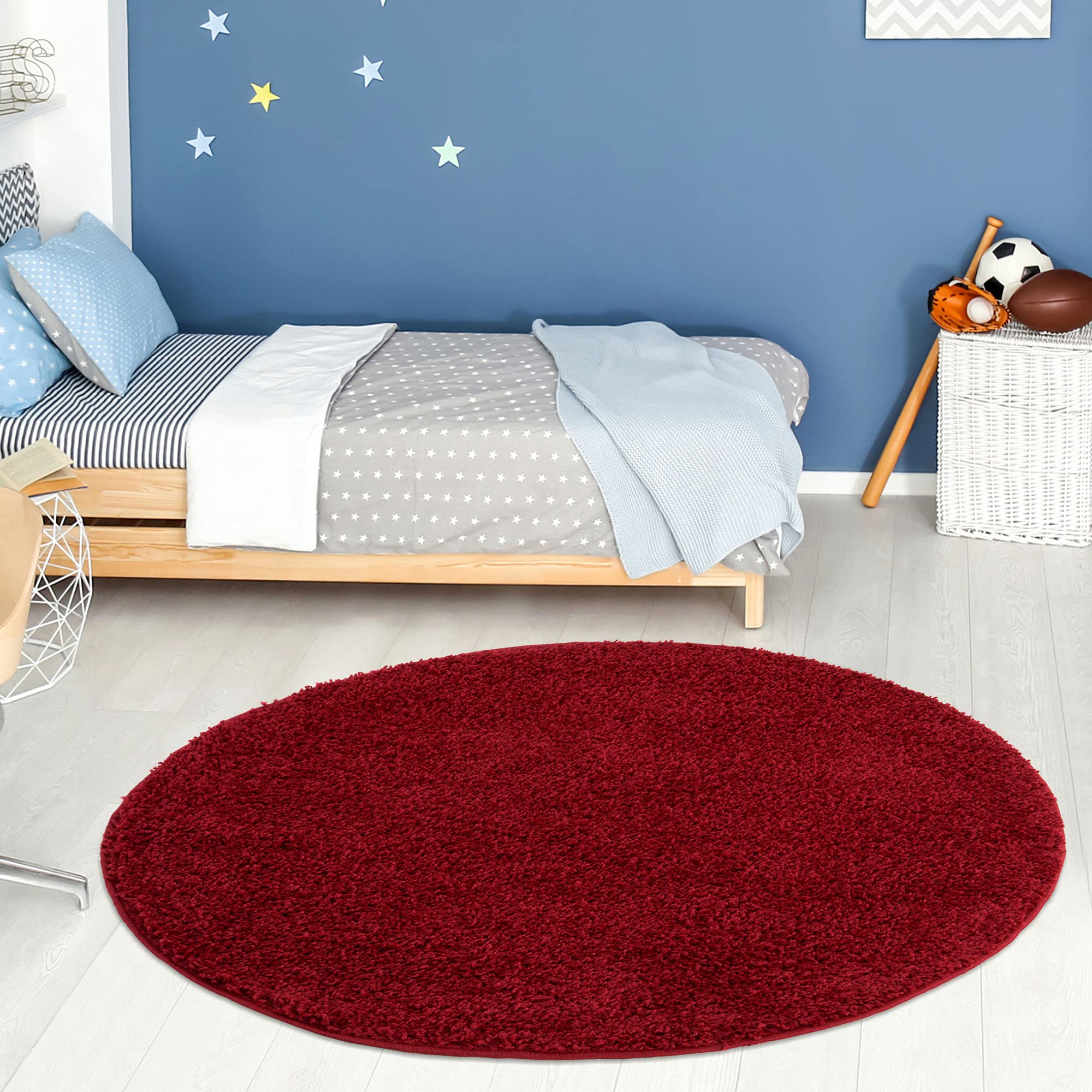 THE RUGS Red Plain Soft High Pile Shaggy Rugs & Runners Living Room Bedroom | Size: 120cm diameter