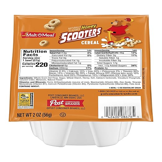 MaltOMeal Honey Nut Scooters® Breakfast Cereal, Whole Grain, 2 Ounce Single Serve