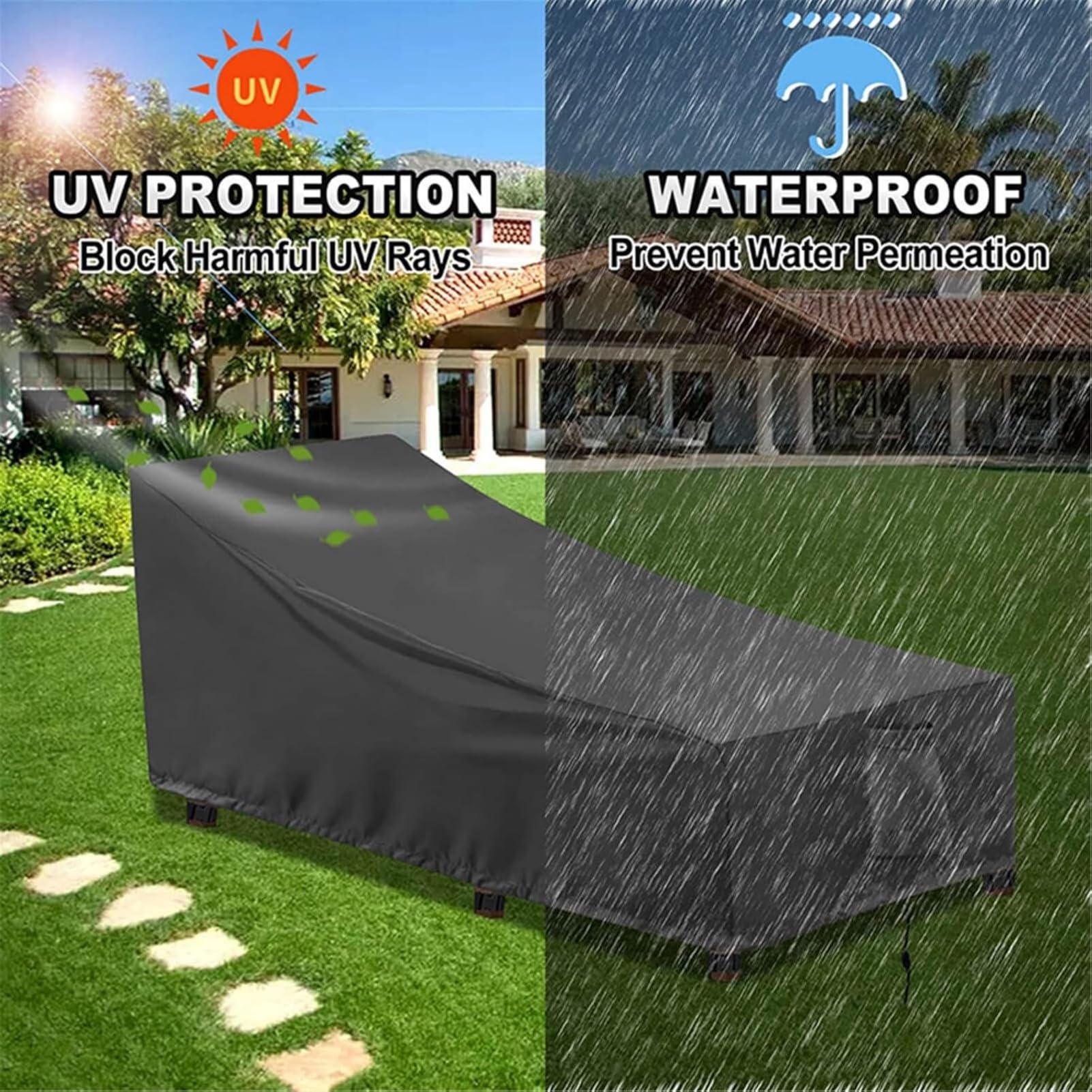 Copertura Impermeabile Per Lettini Da Giardino, Tessuto Oxford 420D Con Coulisse E Fibbia, Anti-UV Antivento Antipolvere, Protezione Esterna Per Sdraio in Rattan E Mobili (Nero,208x76x79x41cm)
