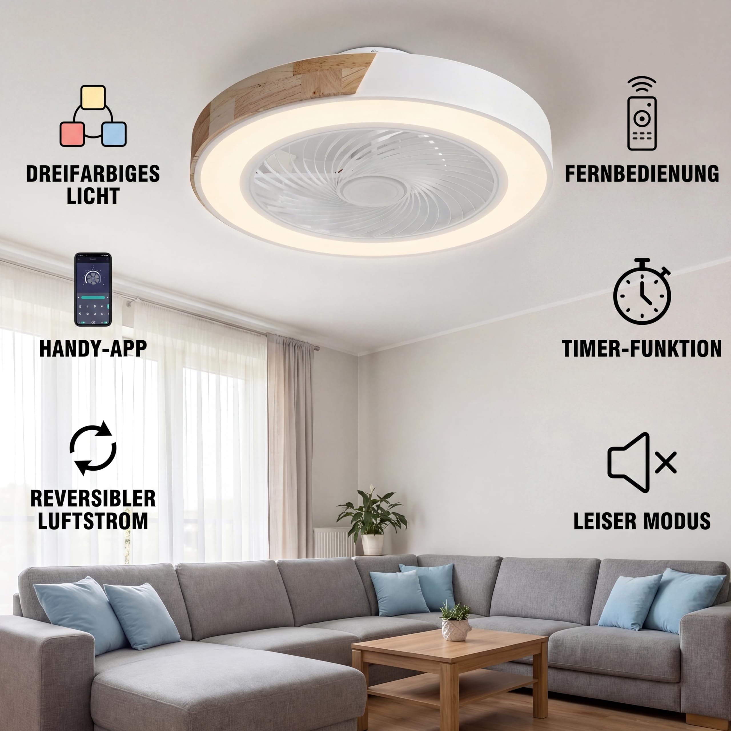YuYe Deckenventilator Mit Beleuchtung, Ventilator Deckenleuchte, 3 Farbtemperatur und 6 Geschwindigkeiten LED- Deckenventilator mit Lampe Leise Dimmbar für Esszimmer Wohnzimmer Schlafzimme (B)