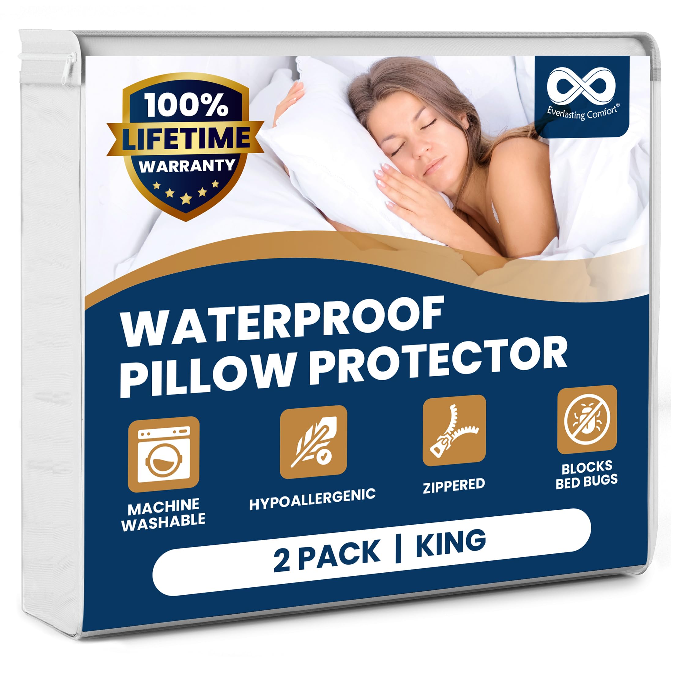 Photo 1 of 100% Stain Resistant & Waterproof King Size Pillow Protectors with Zipper Set of 2 - Bed Bug & Dust Mite Proof White Pillowcases - Breathable, Comfortable Pack of Covers for Pillows, 20 x 36 Inches
