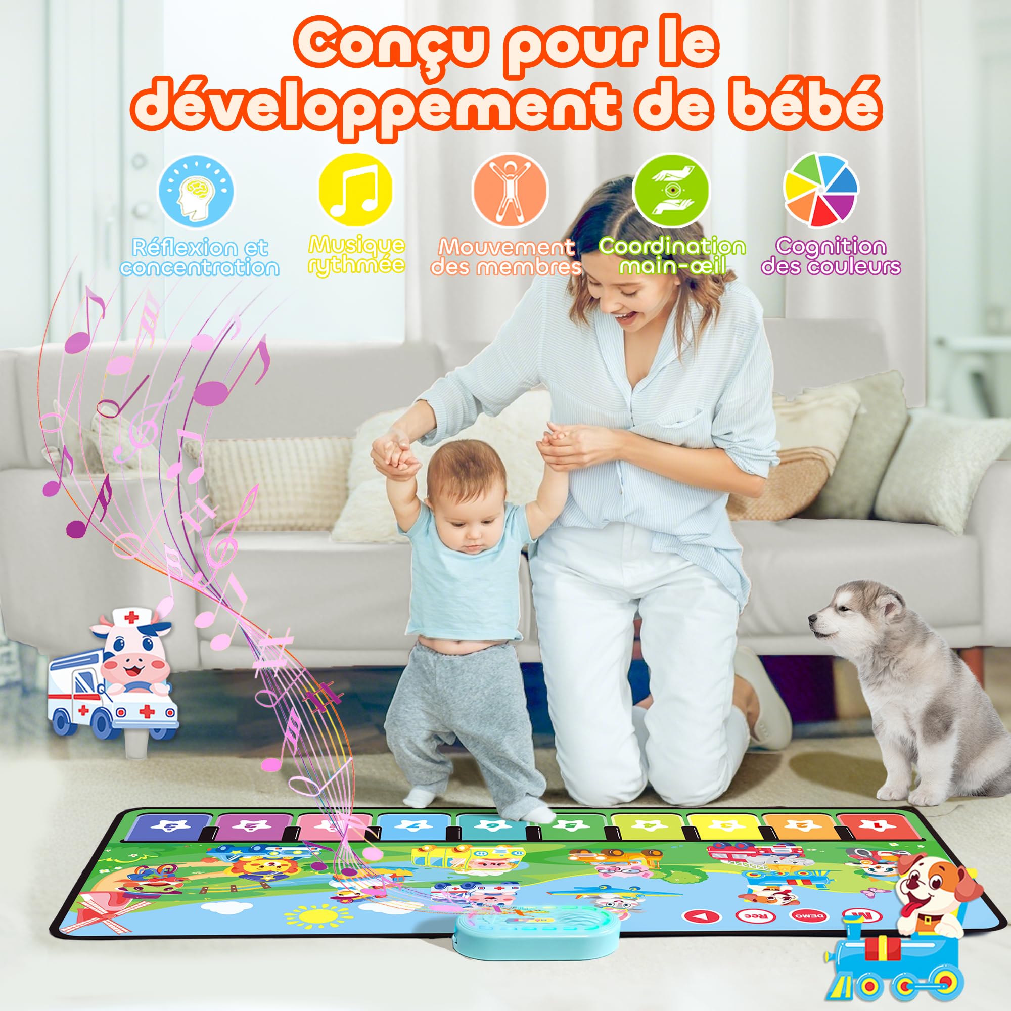 MOMUSE Jouet Bebe 1 an avec 80 Sons, Tapis Musical avec 10 Animaux et 10 Voitures, Piano Enfant Tapis de Danse Cadeau Bebe Garçons Filles 1 2 3 Ans