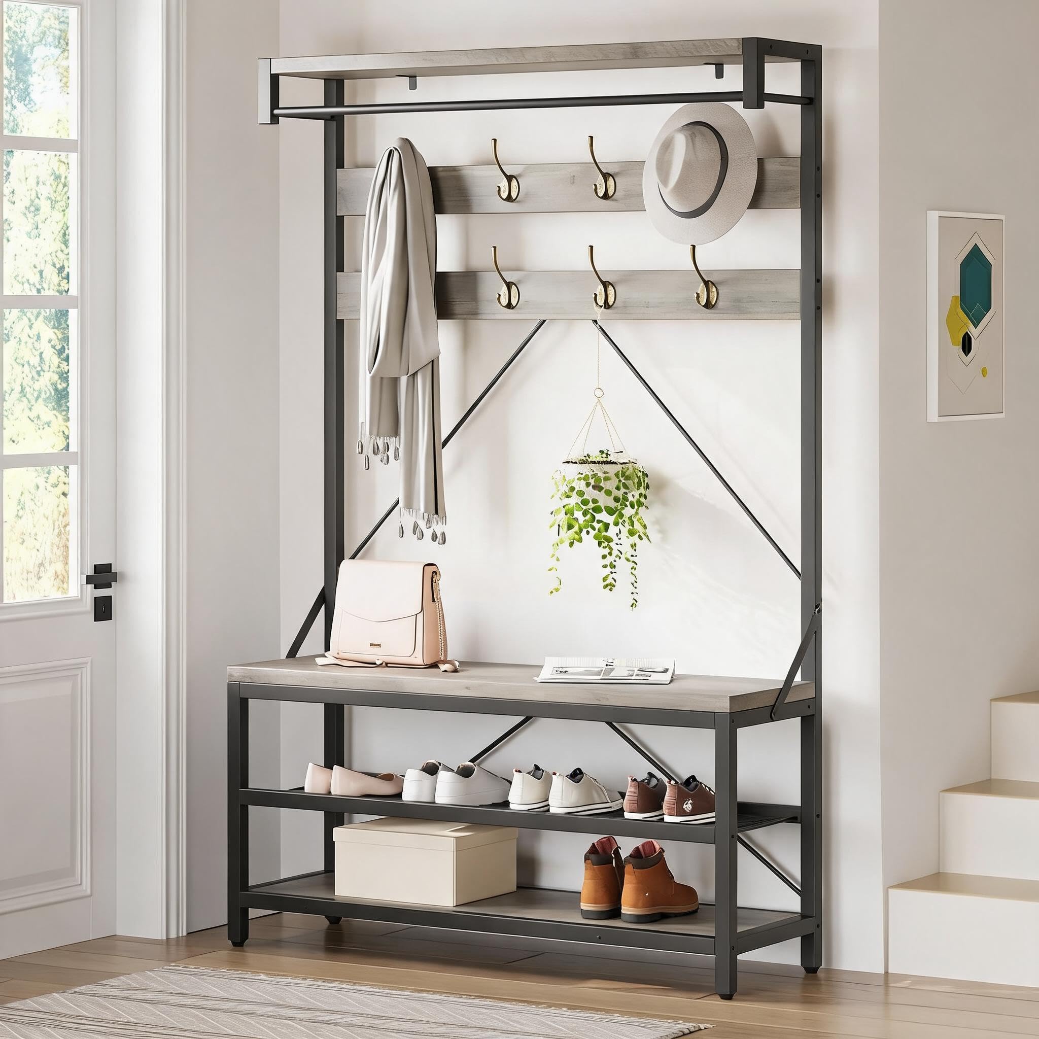 Garderobenständer, Garderobe, 5-in-1 Kombination, freistehend, Metallrahmen, 3-stufiges Regal, 8 abnehmbare Haken, große Schuhbank in Holzoptik, platzsparend für Flur, Diele, Eingangsbereich, Grau
