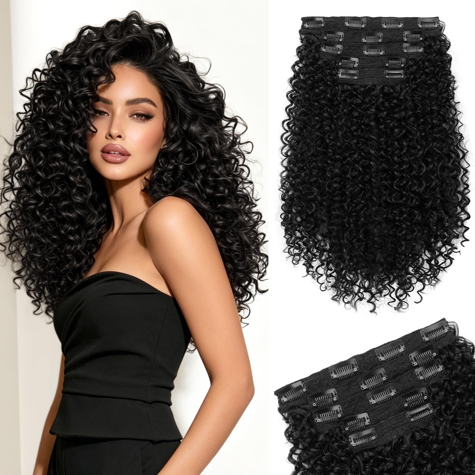 Sofeiyan 5 Pièces Afro Bouclé Extensions de Cheveux à Clips,40 cm Curly Bouclées Naturel Extensions de Cheveux Pour Femmes,Postiches Capillaires 100% Soie Protéinique Pure,Noir Naturel