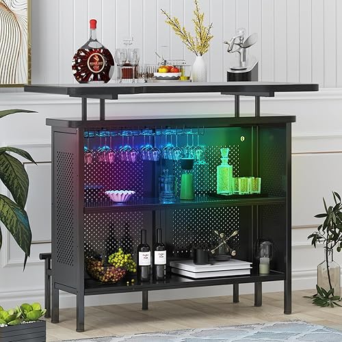 ijuicy Armario de bar de vino con luces LED, gabinete de barra de café con estantes de almacenamiento y soporte para vasos, gabinete de vino para