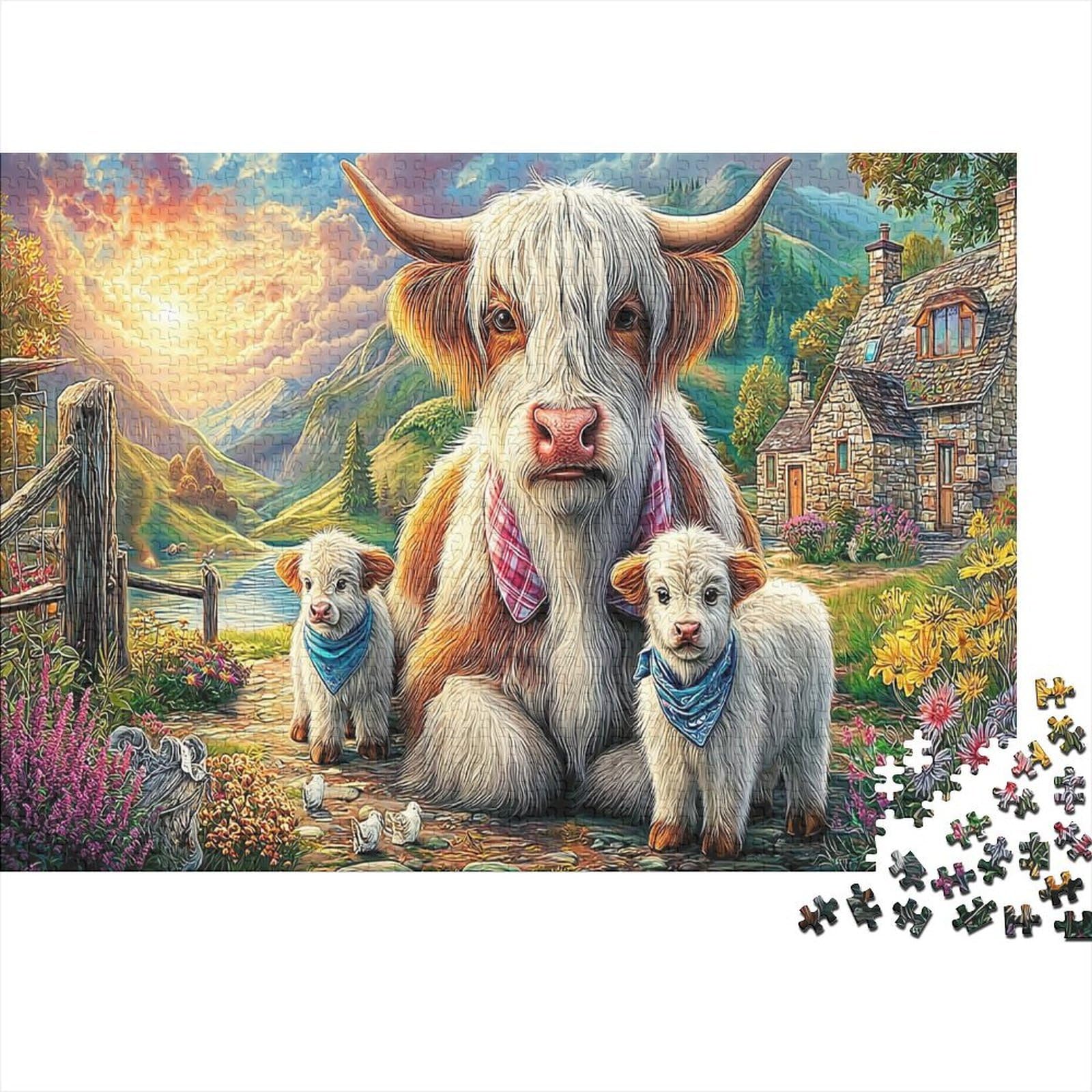 Highland Cow Family 1000Pc Jigsaw & Jigsaw Recycled Cardboard Relaxing Challenging Highland Cow for Adults Age 14+ 70x50cm/1000pcs