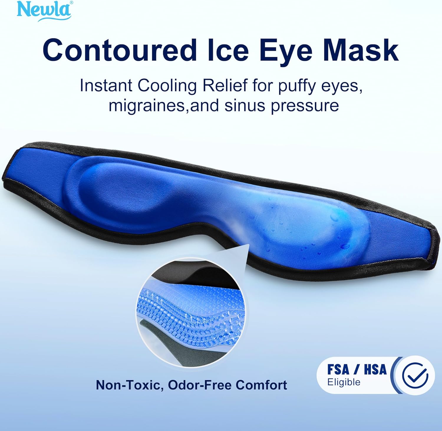 Cooling Gel Eye Mask, Contoured Cold Compress for Eyes, Reusable Cold Eye Mask for Puffy Eyes, Tired Eyes & Eye Strain, Flexible Solid Gel, Eye Care, Adjustable Strap, Fsa Eligible Items Hsa (Black)