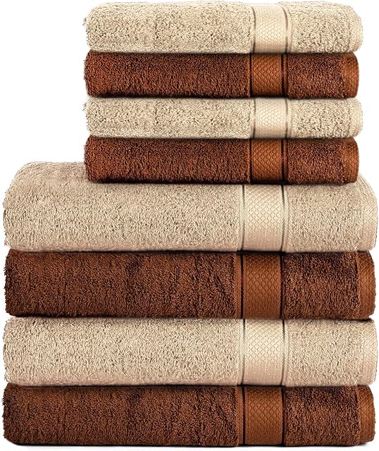 Komfortec Zestaw 8 ręczników ze 100% bawełny, 4 ręczniki kąpielowe 70 x 140 i 4 ręczniki do rąk 50 x 100 cm, frotte, miękkie, duże ręczniki, brązowy/beżowy