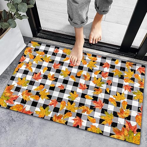 Autumn Fallen Maple Leaves on Buffalo Checker Bathroom Rugs Non Slip Bath Mat,Washable Bath Rugs Absorbent Soft Microfiber Memory Foam Carpet for