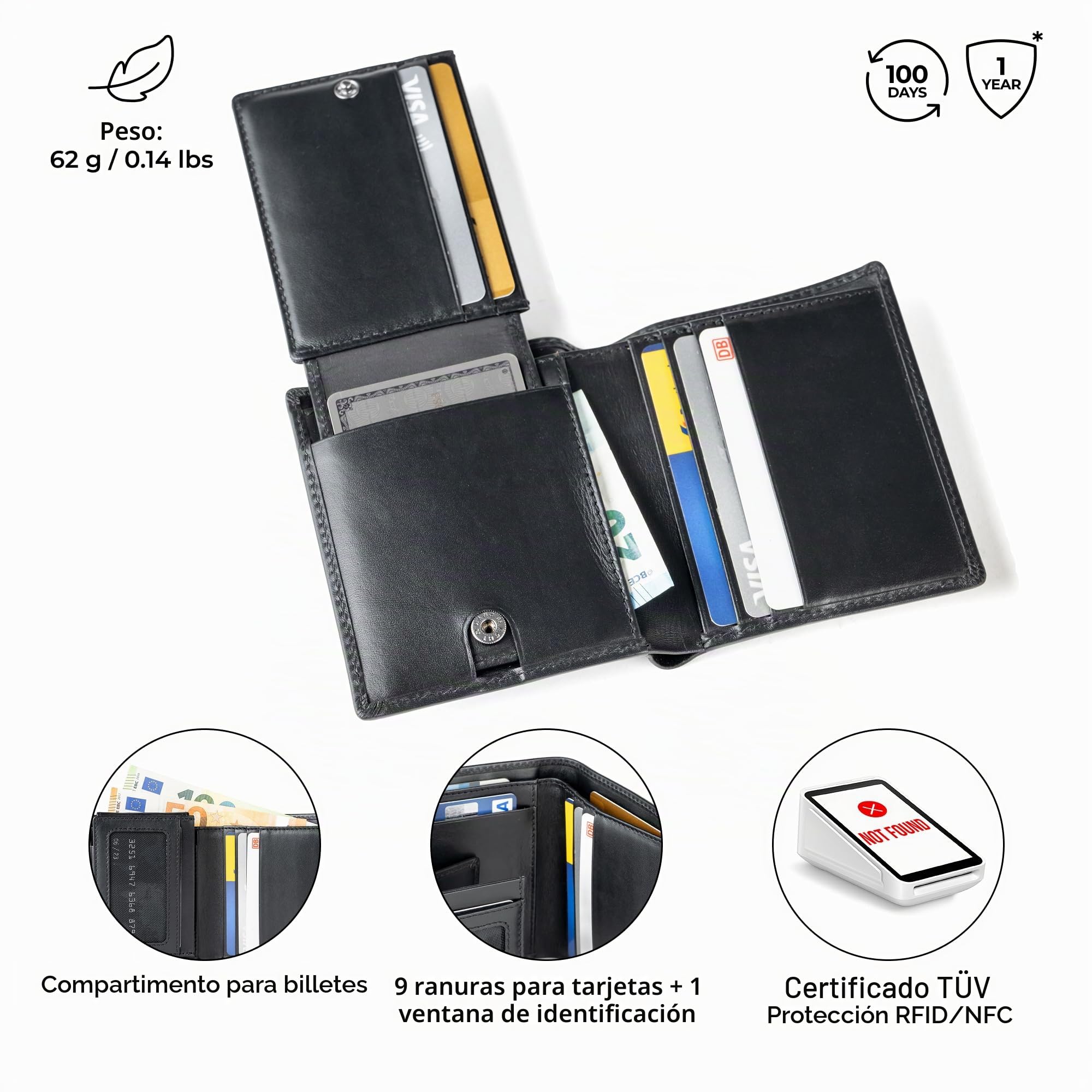 Berliner Bags Cartera Hombre de Piel Enzo, Billetera con Tarjetero Extraíble, Protección RFID y Compartimentos para Documentos - Negro