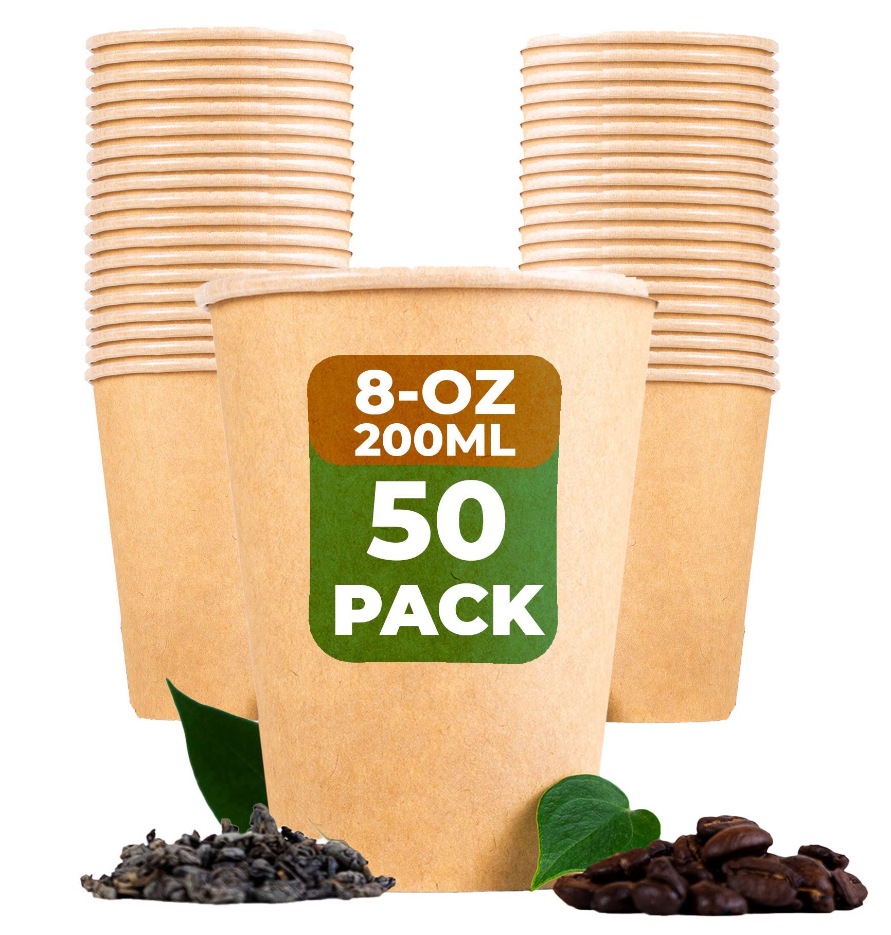 [50-Pack Super Strong 100% Compostable Coffee and Tea Cups - Eco - Biodegradable - Disposable Rigid Containers for Office, Party & Wedding - Brown Kraft Paper, PLA Coating (200ml / 8oz)