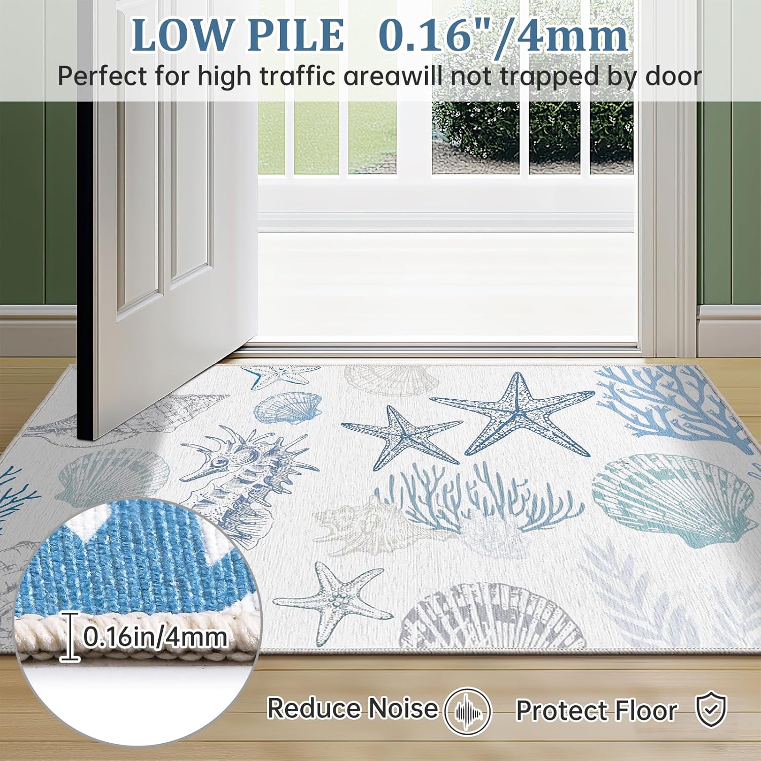 Dintszyayue Rugs for Living Room 8x10 Nautical Beach Washable Non Slip Foldable Area Rug for Bedroom Conch