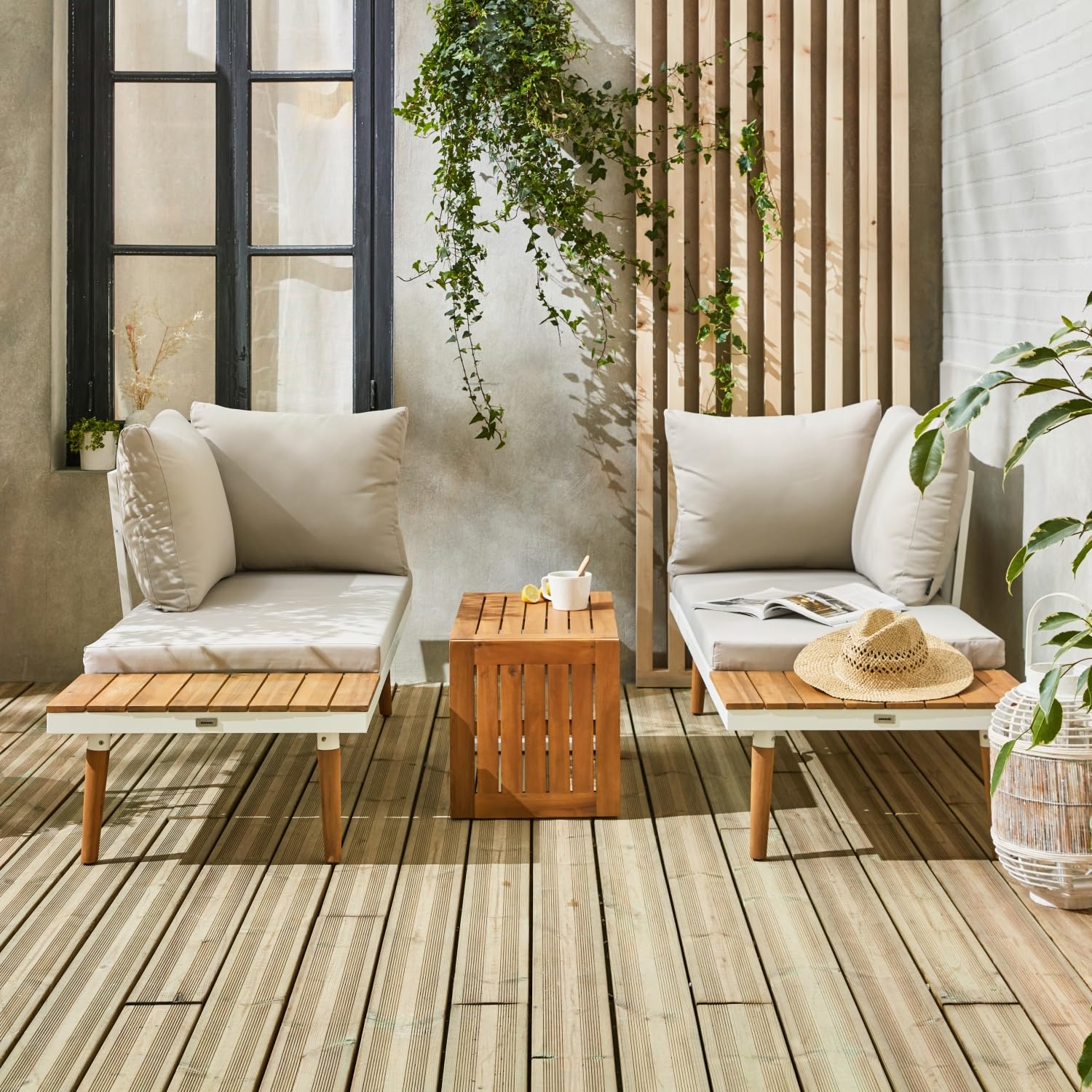 Alice's Garden - Salon de Jardin Beige et Blanc modulable en Aluminium et Bois d'acacia. 4 Places. Sao Paulo.140 x 68 x 65cm