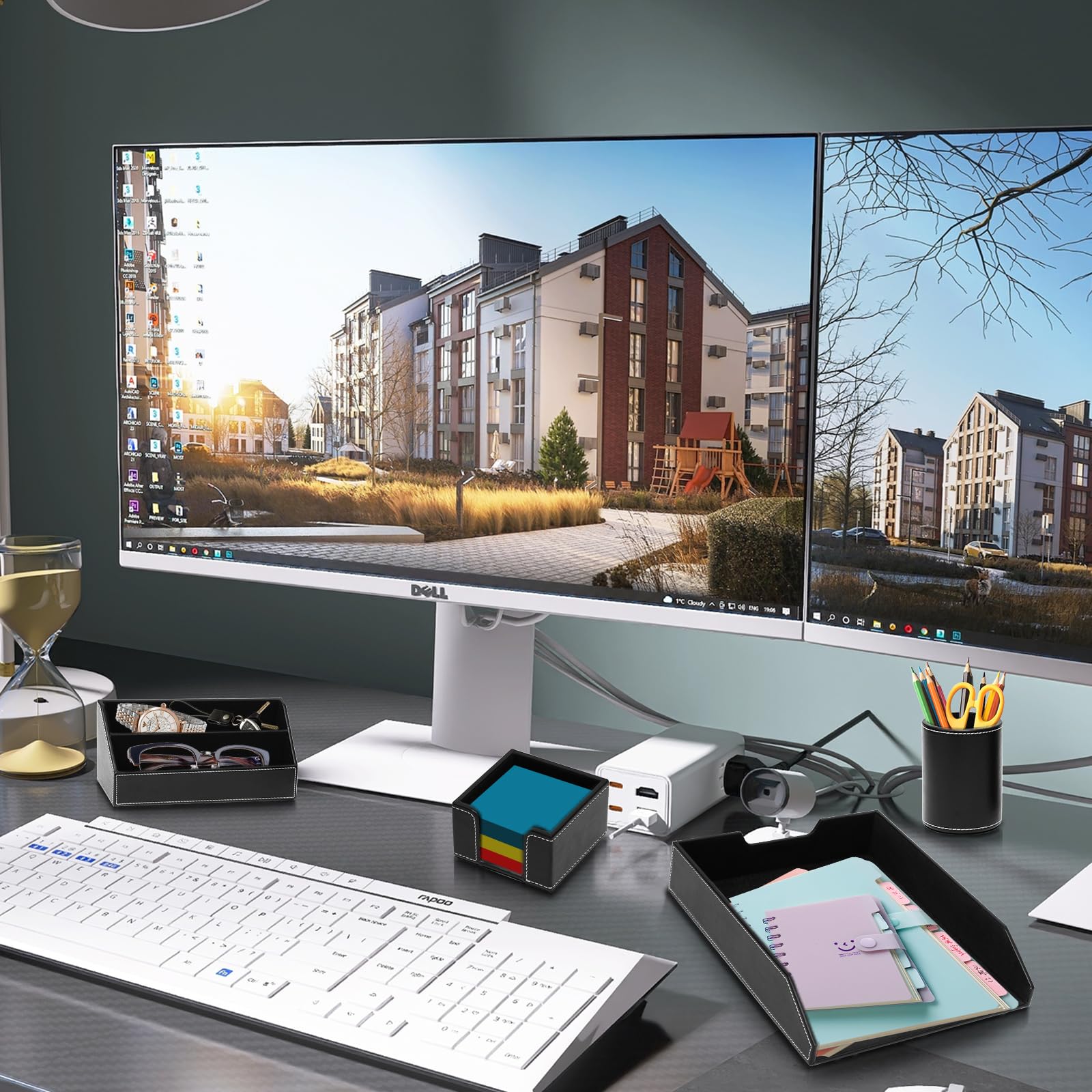 Büro Schreibtisch-Organizer,Luxus Leder Geschenk 6-teilig,inkl Schreibtischunterlage,A4 Leder Briefablage,Stiftebecher,Zeitschriftenhalter,Postfach,Nachrichtenfach,Schwarz