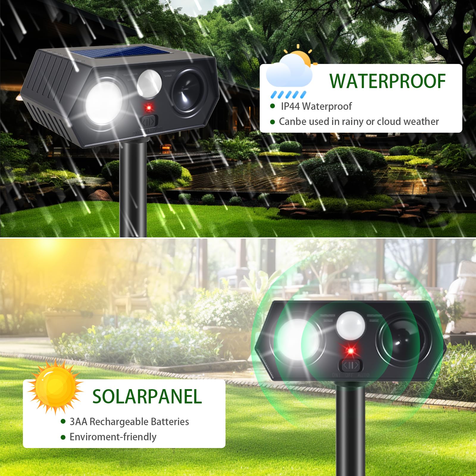 Dissuasori solari ad ultrasuoni per animali all'aperto, dissuasori solari per cervi con sensore di movimento, repellente per gatti con luci flash a LED per spaventare cervi, scoiattoli, conigli