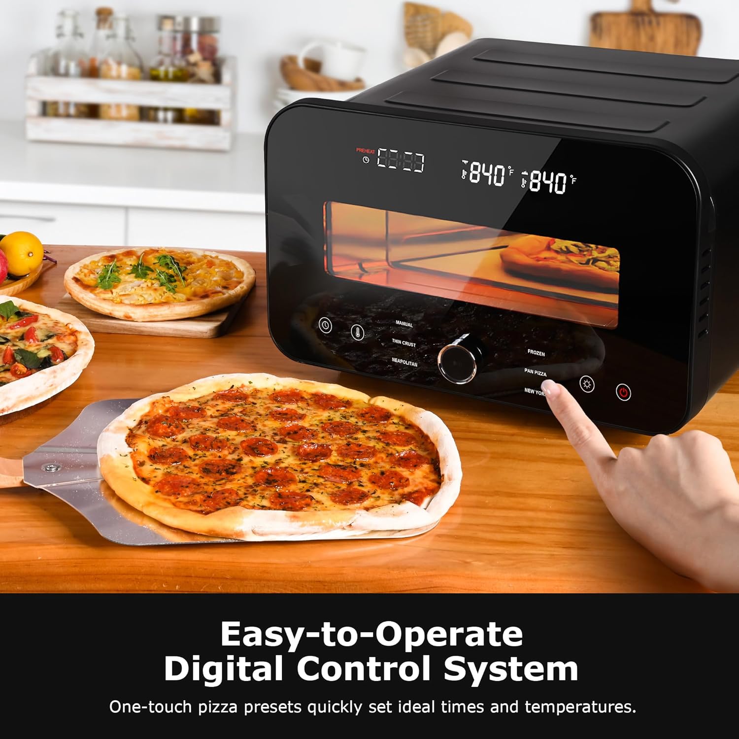 Pizza Oven Indoor, Makes 12 Inch Pizzas in 90 Seconds, 840°F Countertop Electric Pizza Maker with 6 Preset Modes, Pizza Stone, Peel & Touchscreen Controls - Stainless Steel