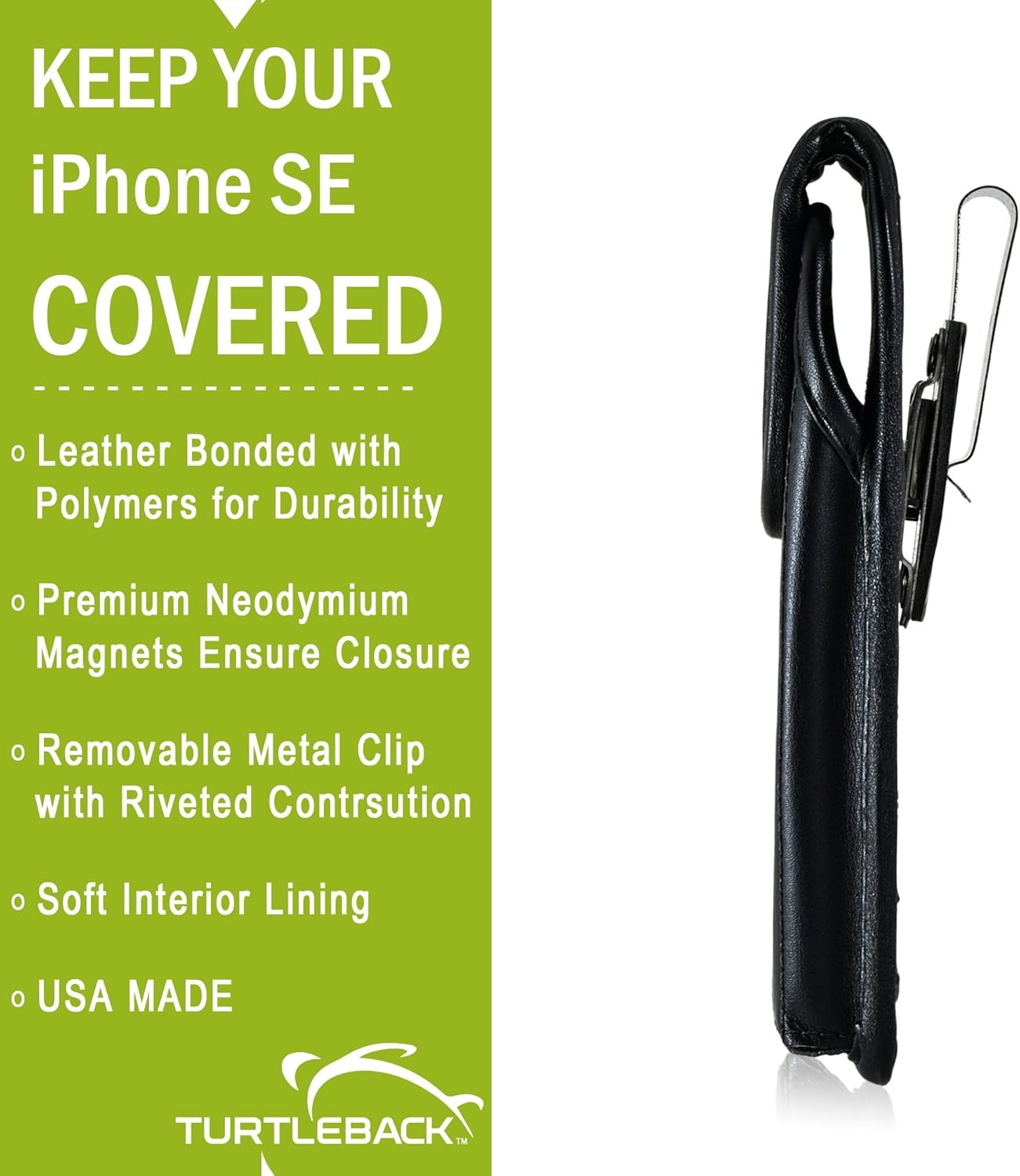 Turtleback Belt Case Compatible with Apple iPhone SE 5 5c 5s Fits w/OB Defender or Bulky Cases, Black Vertical Holster Leather Pouch with Heavy Duty Rotating Ratcheting Belt Clip