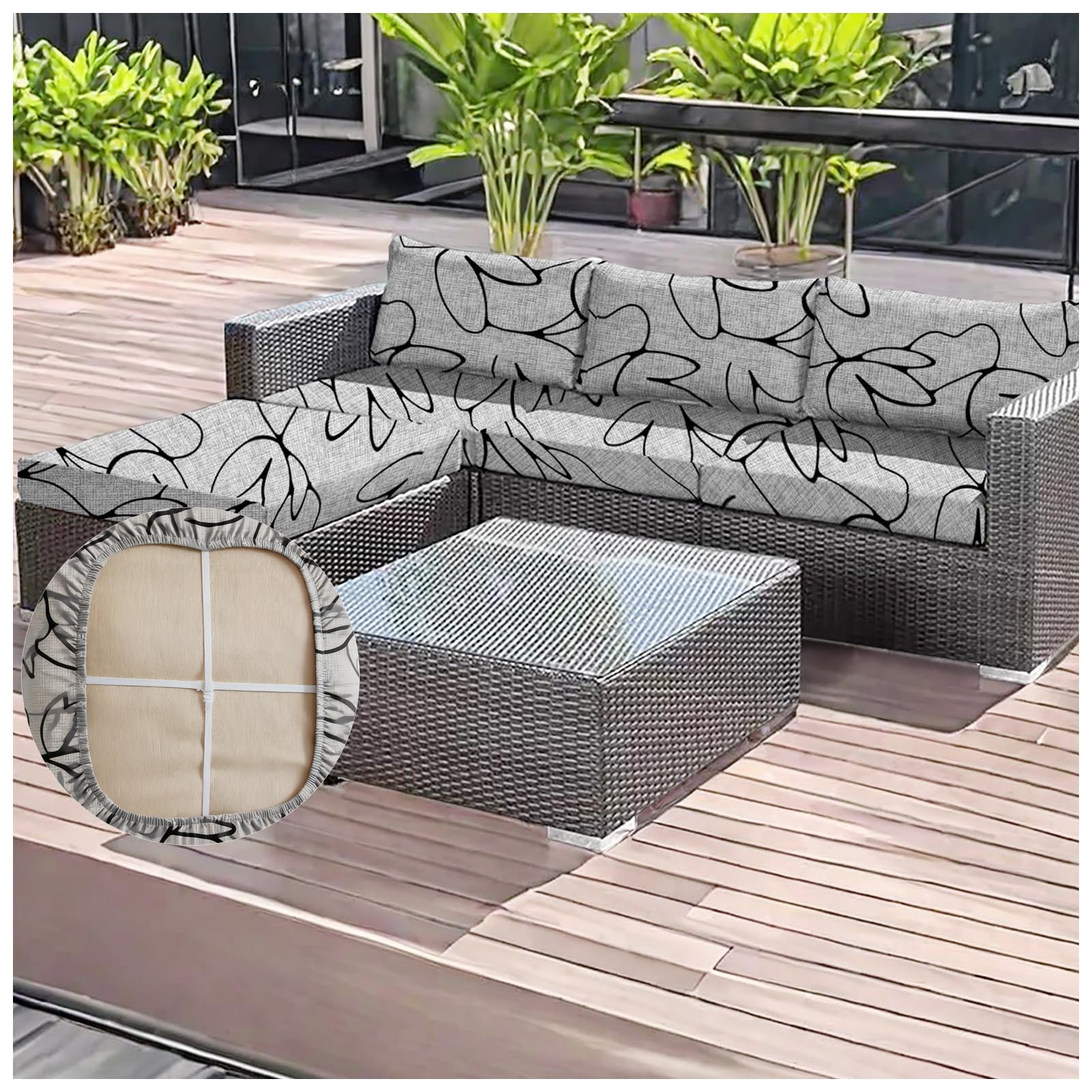 OREZAUQS 2/3/4 Pack Stretch Patio Cushion Covers | Water Resistant Outdoor Cushion Slipcovers | Washable Furniture Protector, Multiple Printed Patterns (H,L (4 PCS))