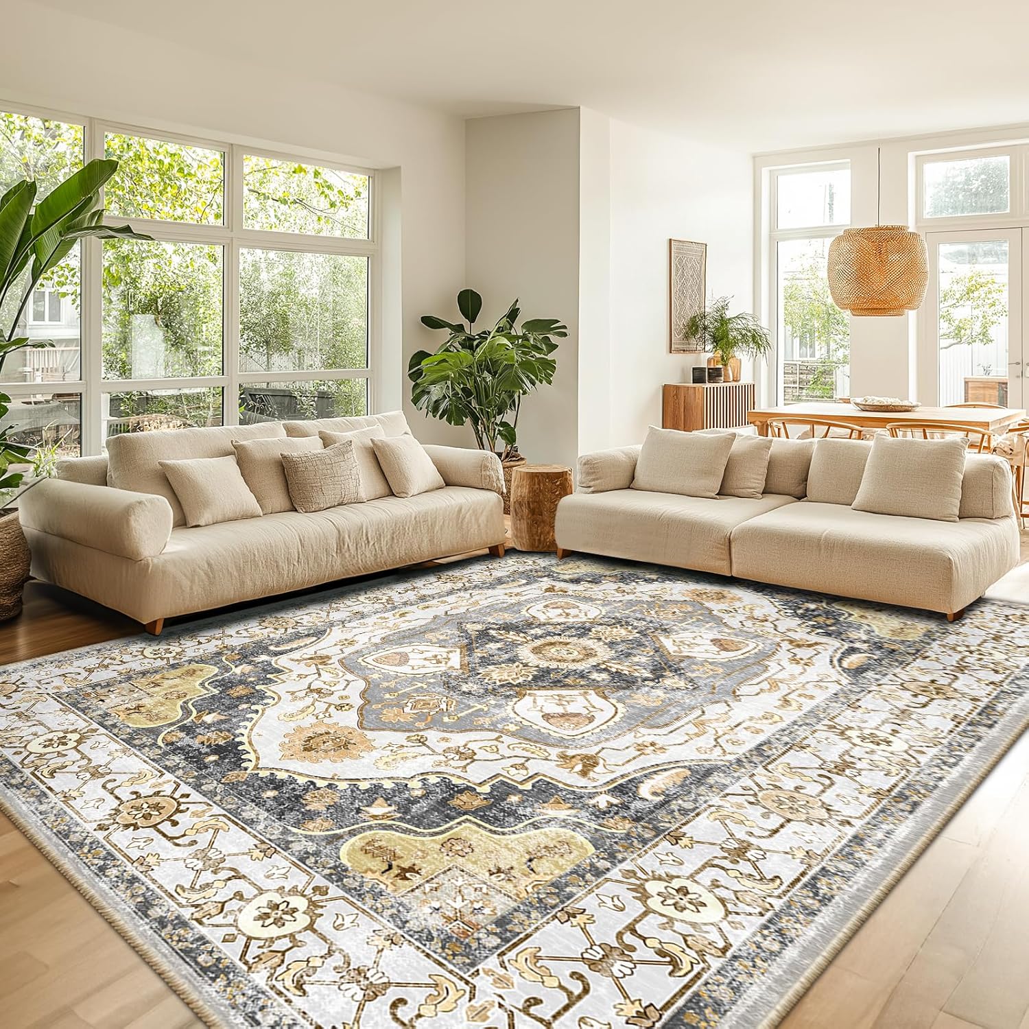 8x10 Area Rug Vintage Machine Washable Low Pile Carpet No Shedding Area Rugs for Living Room Bedroom Dining Room Kitchen Entryway Hallway Office Indoor-Grey/Yellow Grey/Yellow 8x10