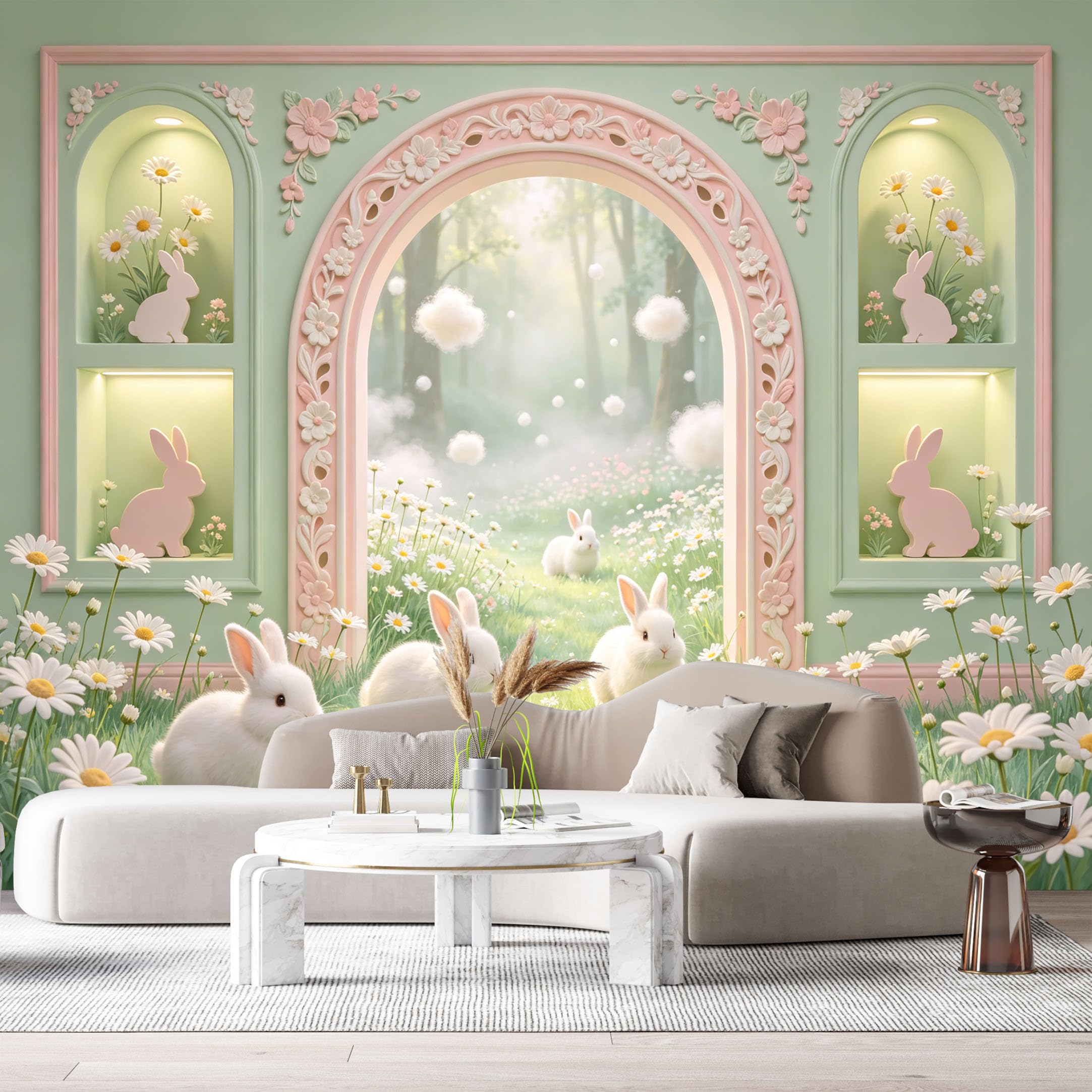 Custom Size Wall Mural Pastel Daisy Flower Bunny Landscape 3D Trompe L'Oeil SelfAdhesiveWall Fabric Removable Wallpaper Wall Decor for Living Room Bedroom Bathroom
