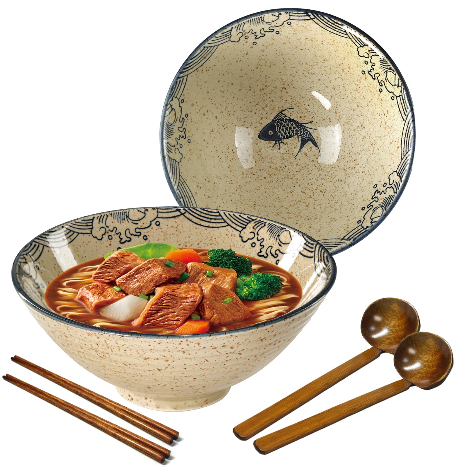 Amazon.com | mehrido Ceramic Ramen Bowl Set, 2 Sets 34 Ounces