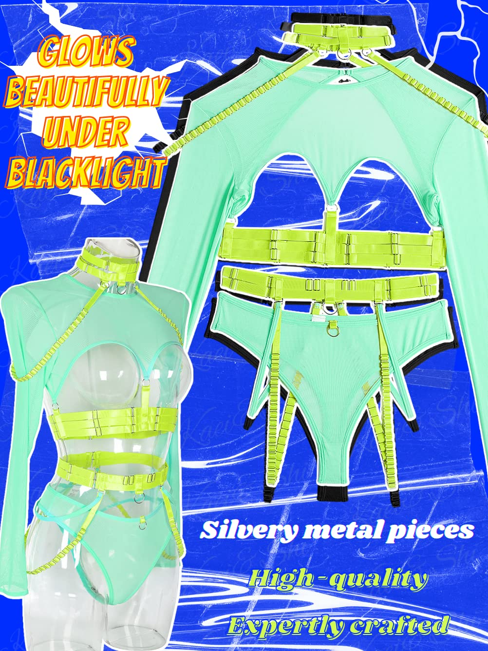 Kaei&Shi Rave Outfit, Adjustable Strappy, Contrast Color, Choker, Chain Belt: Mint-neon Green 12